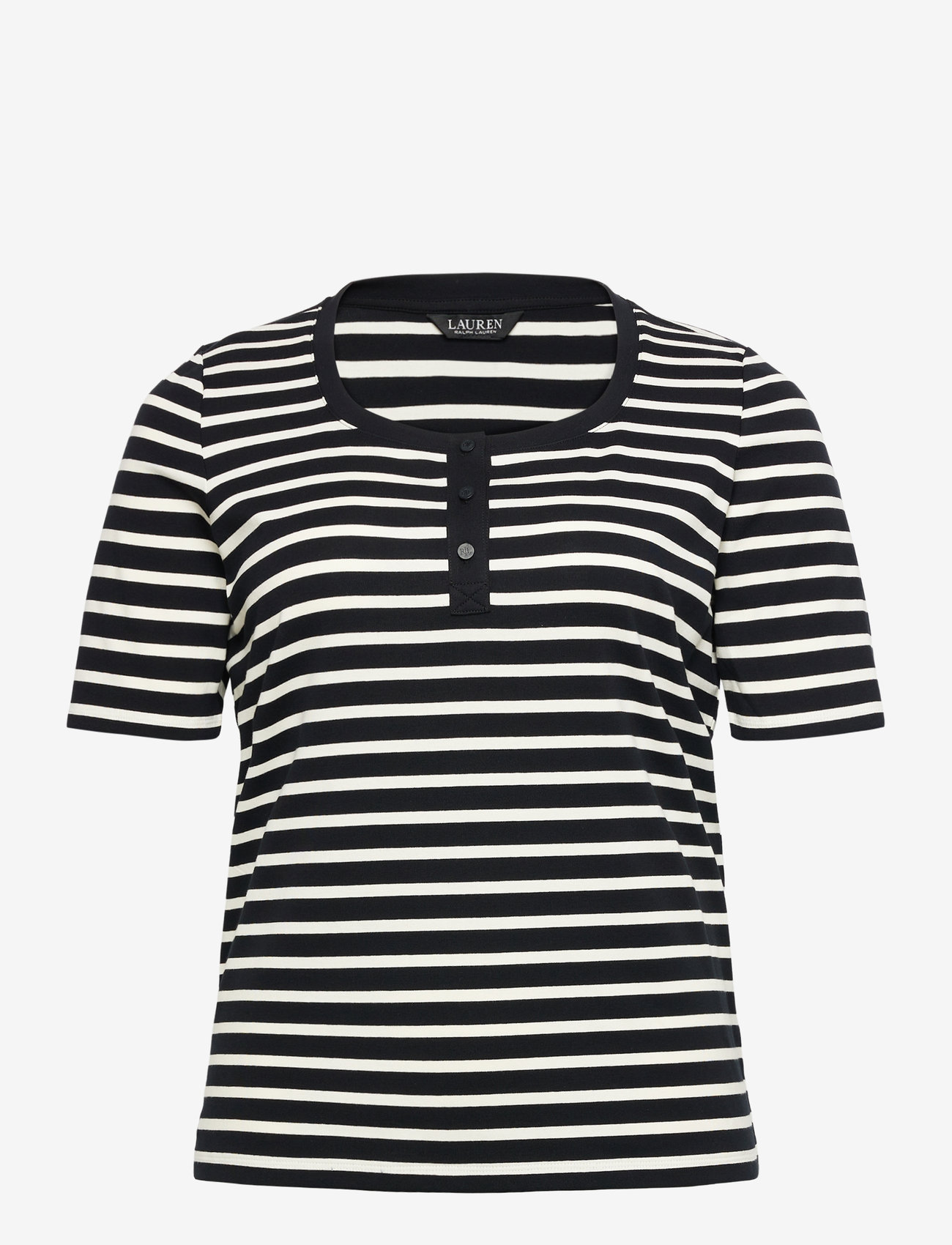 Lauren Women - Striped Elbow-Sleeve Henley Top - t-shirts & tops - black/mascarpone - 0