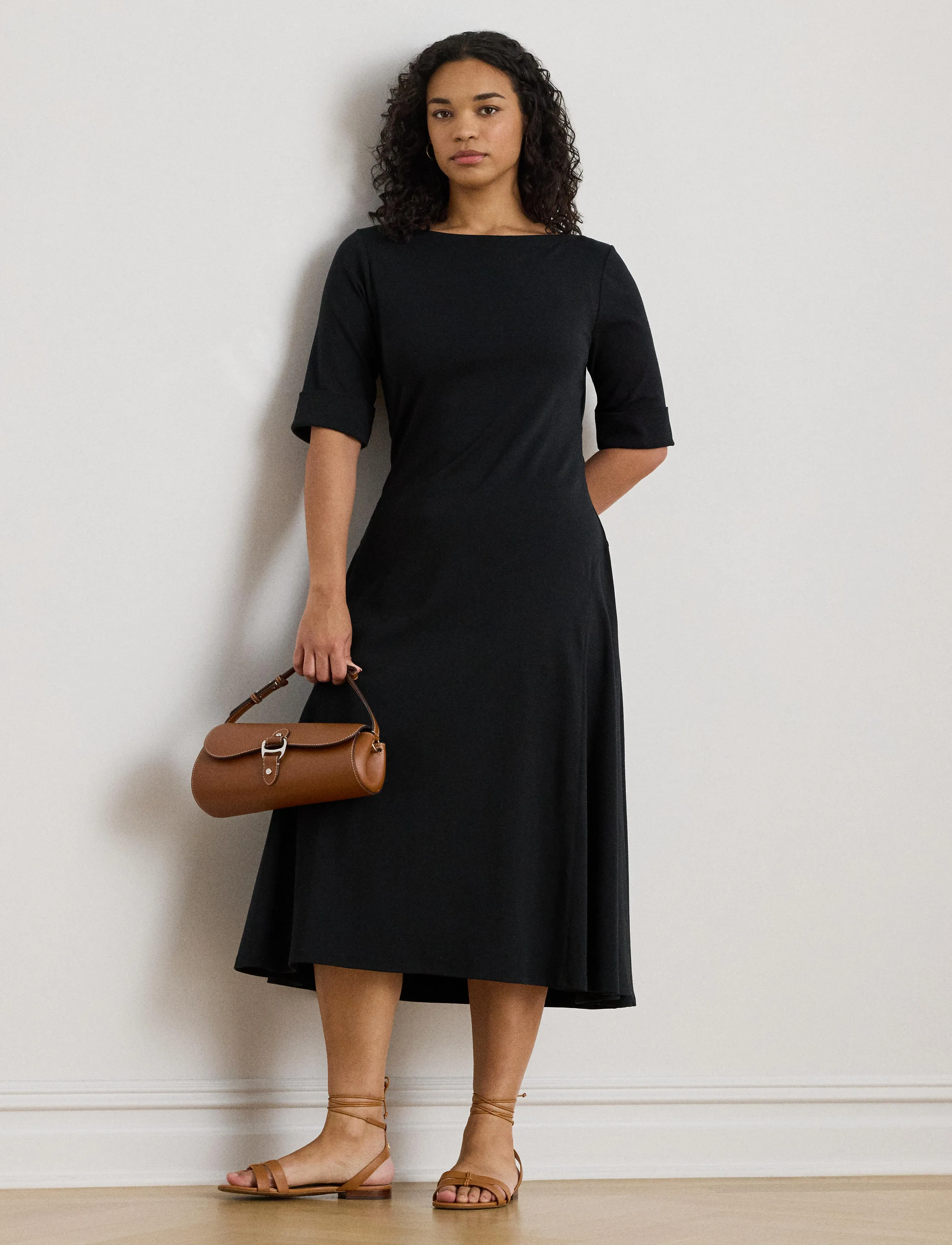 Lauren Women Rib-Knit Stretch Cotton Midi Dress - T-skjortekjoler - BLACK / black