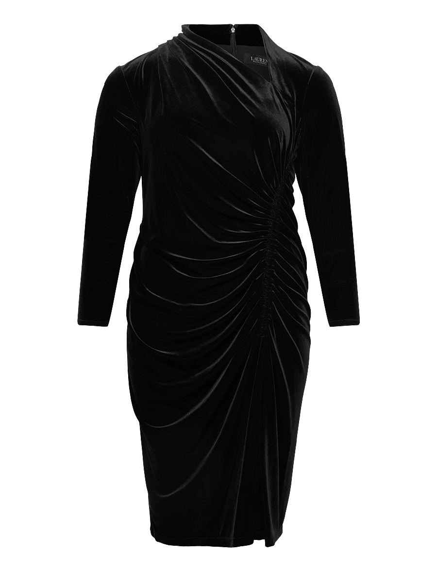 Lauren Women - Ruched Velvet Asymmetrical Dress - knitted dresses - black velvet - 0