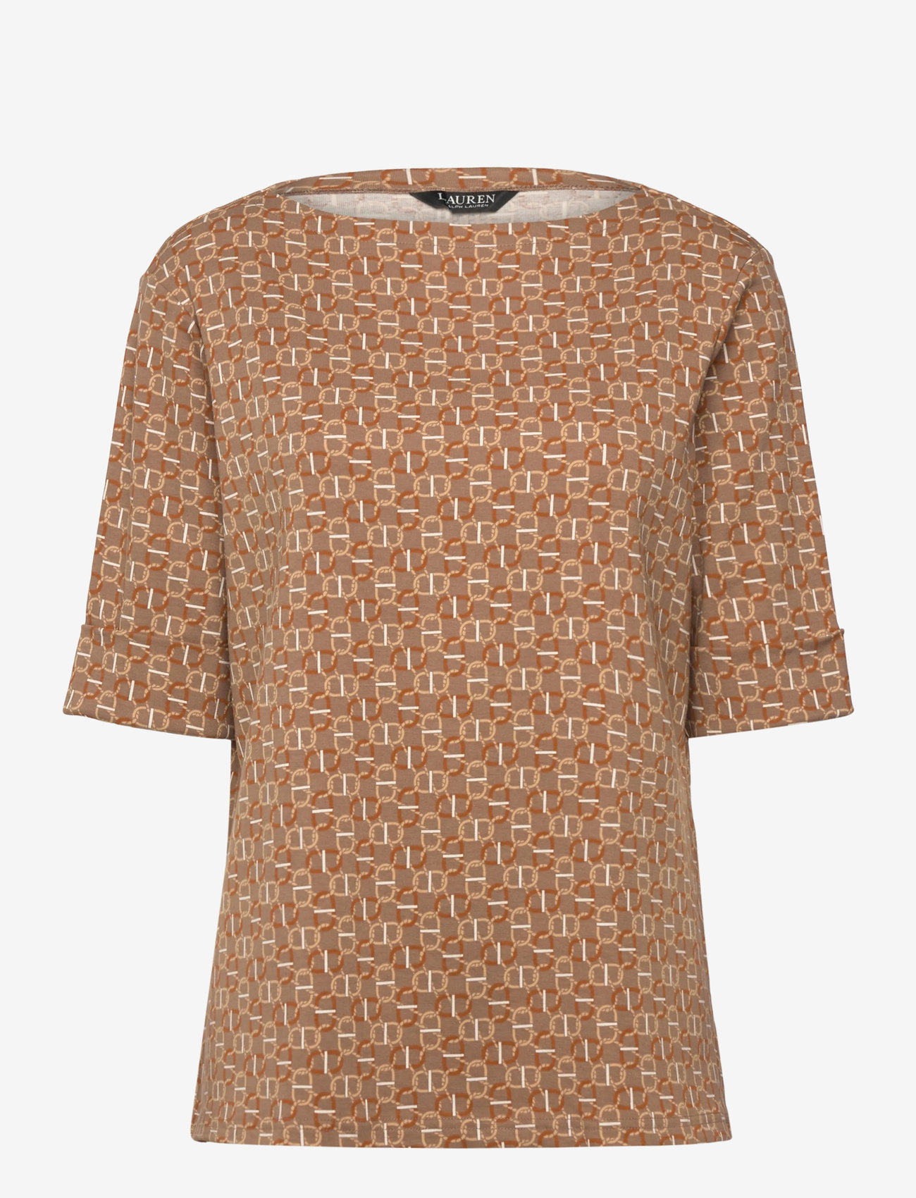 Lauren Women - Geo-Print Stretch Cotton Boatneck Tee - t-shirts - taupe multi - 0