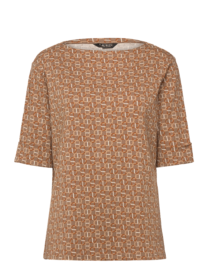 Lauren Women - Geo-Print Stretch Cotton Boatneck Tee - t-shirts - taupe multi - 0