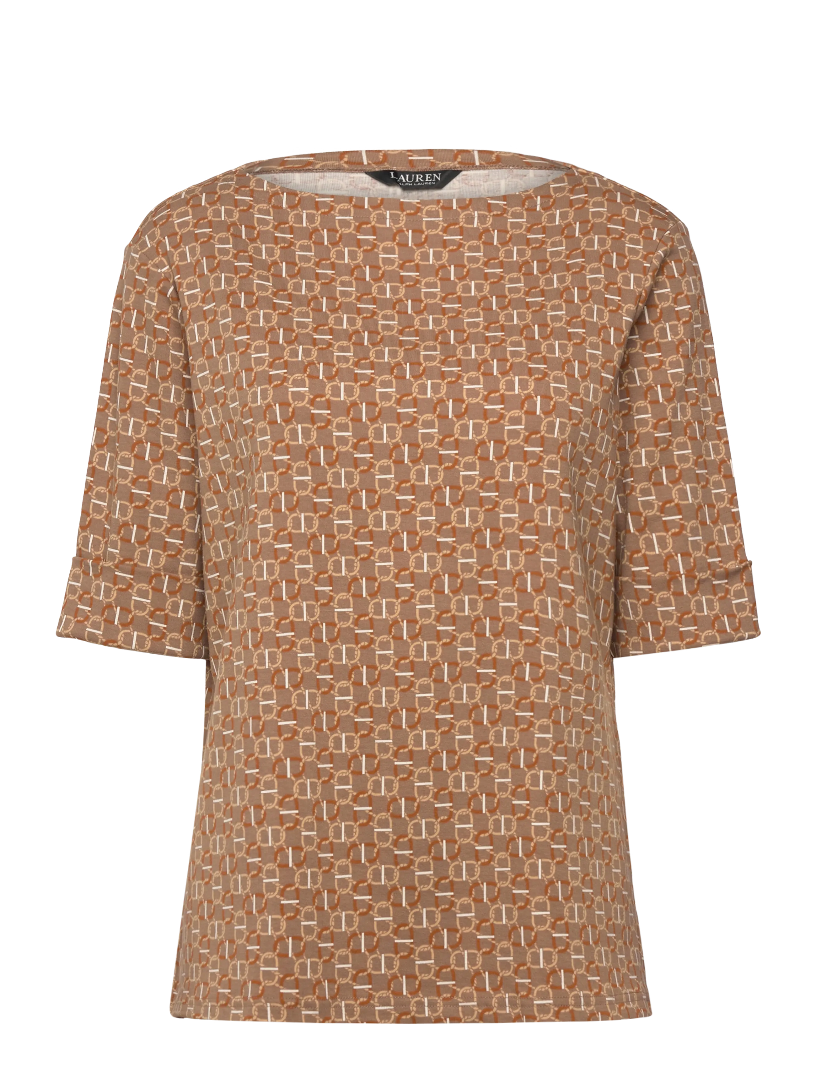 Lauren Women - Geo-Print Stretch Cotton Boatneck Tee - taupe multi - 0