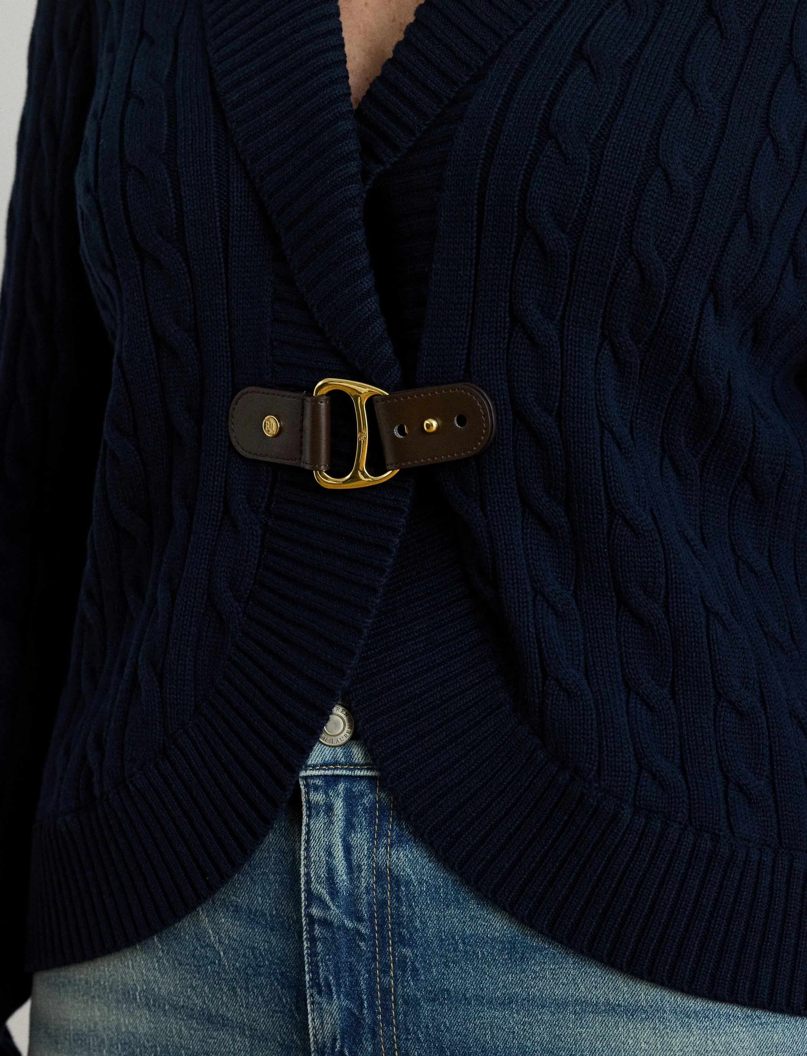 Lauren Women - Buckle-Trim Cable Shawl-Collar Cardigan - cardigans - lauren navy - 4