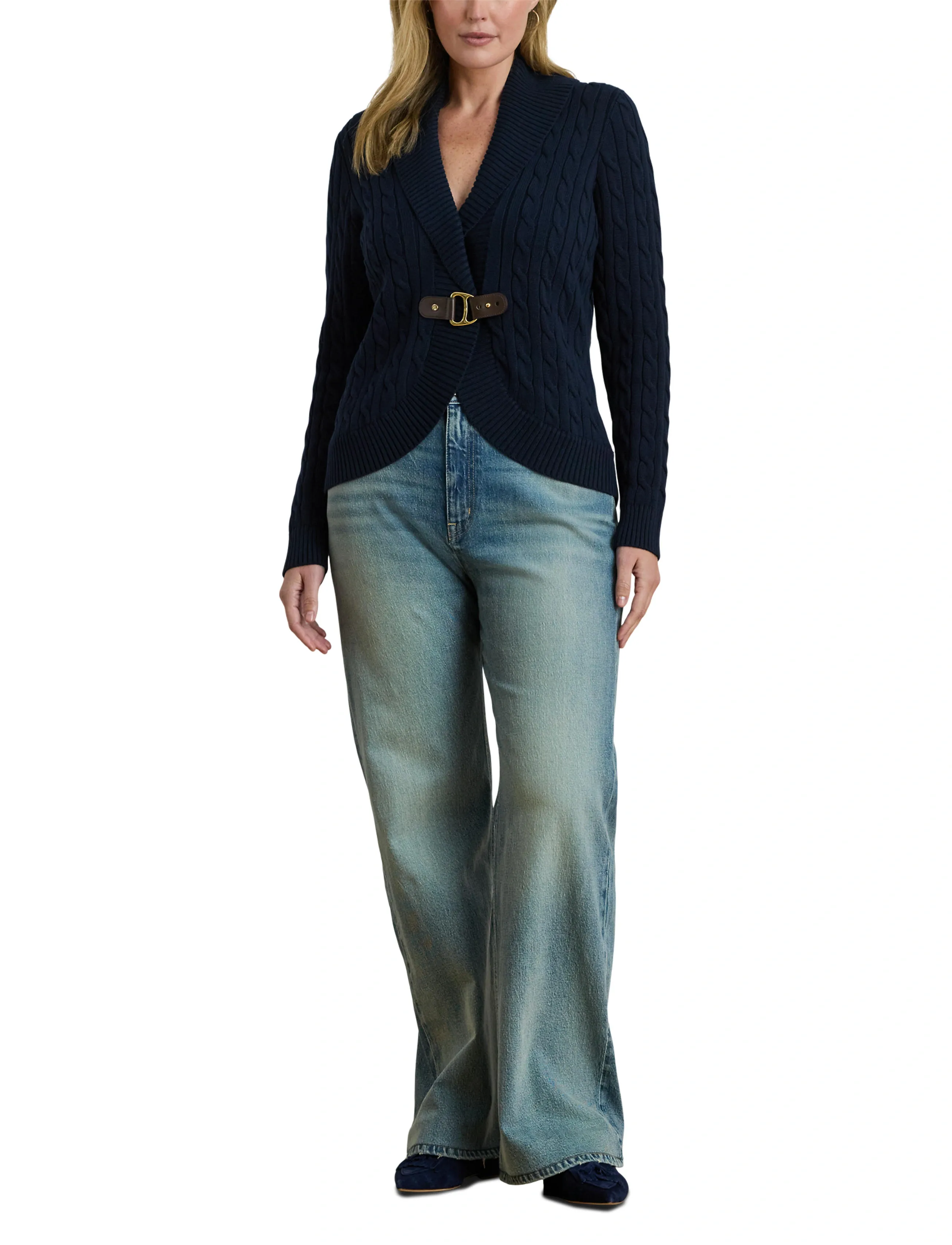 Lauren Women Buckle-Trim Cable Shawl-Collar Cardigan dam – bild 6