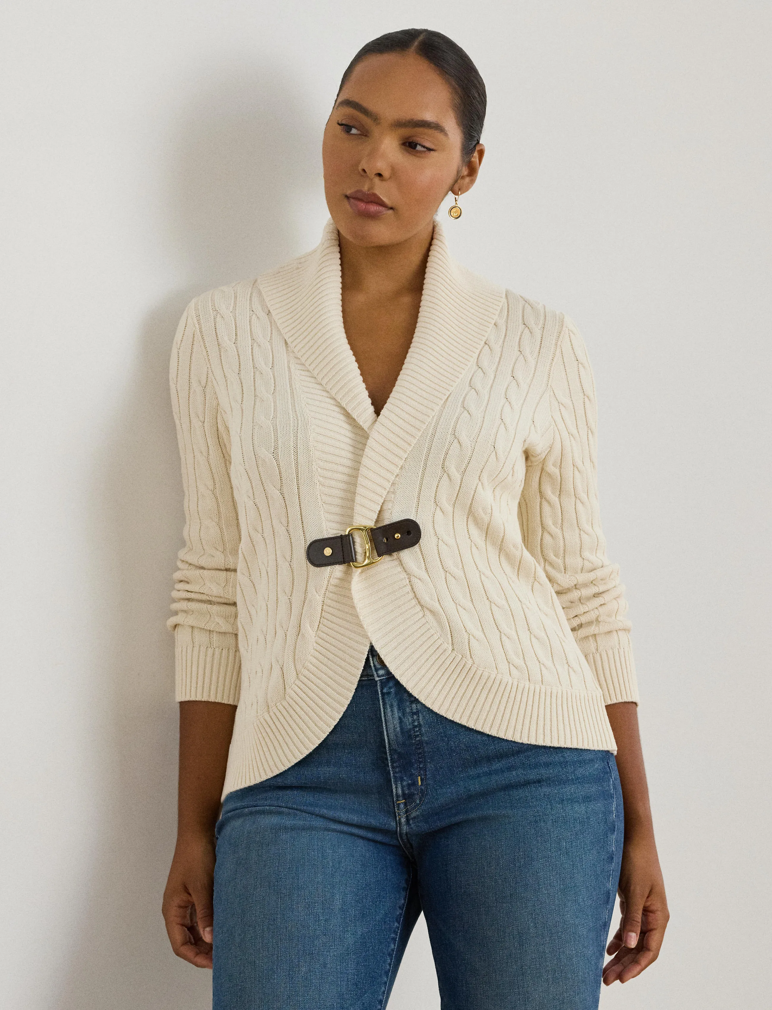 Lauren Women Buckle-Trim Cable Shawl-Collar Cardigan, 50-52, Knitwear, Creme - Cardigans, Frauen