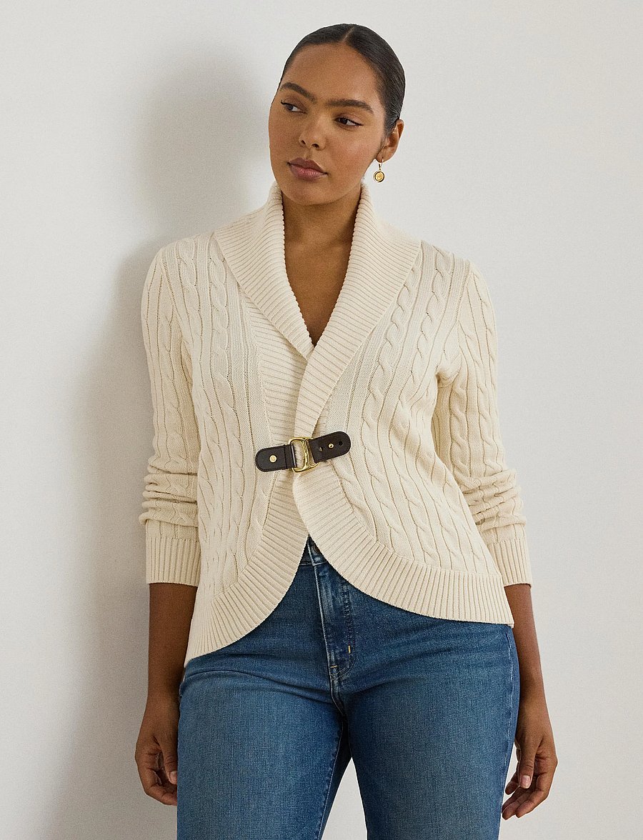Lauren Women - Buckle-Trim Cable Shawl-Collar Cardigan - koftor - mascarpone cream - 0