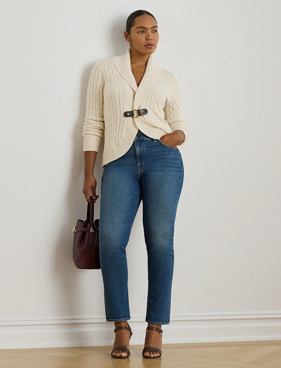 Lauren Women - Buckle-Trim Cable Shawl-Collar Cardigan - koftor - mascarpone cream - 3