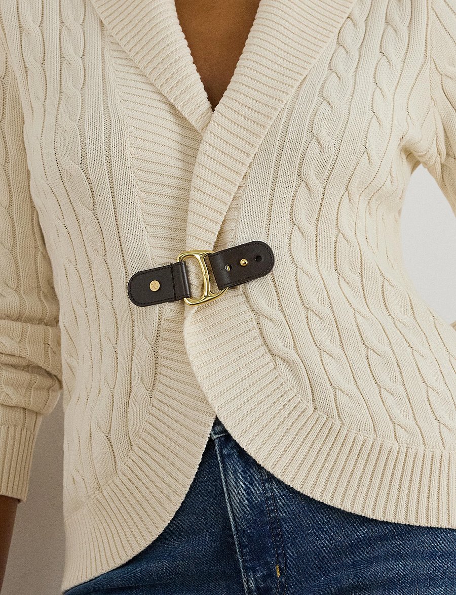 Lauren Women - Buckle-Trim Cable Shawl-Collar Cardigan - koftor - mascarpone cream - 4