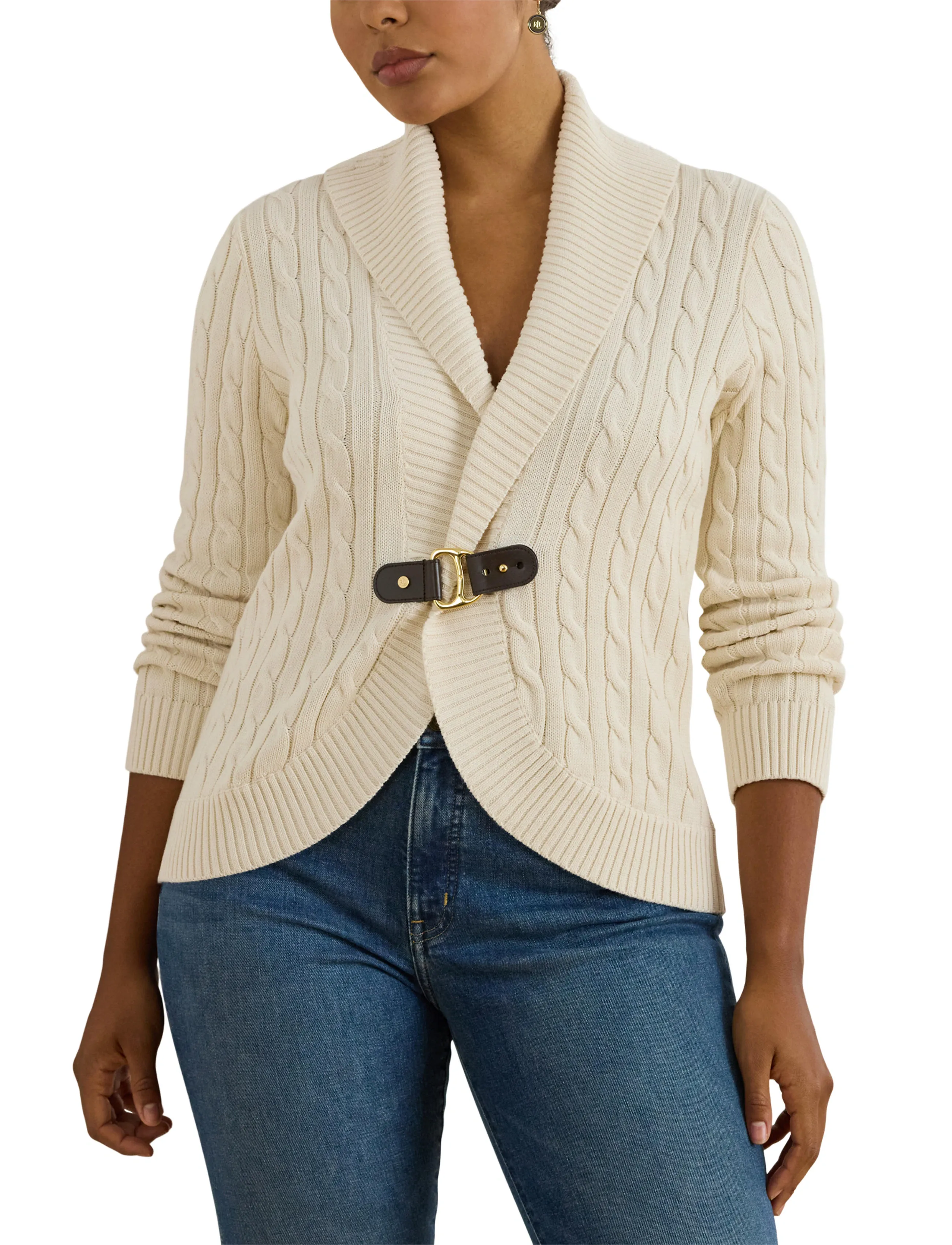 Lauren Women Buckle-Trim Cable Shawl-Collar Cardigan dam – bild 5