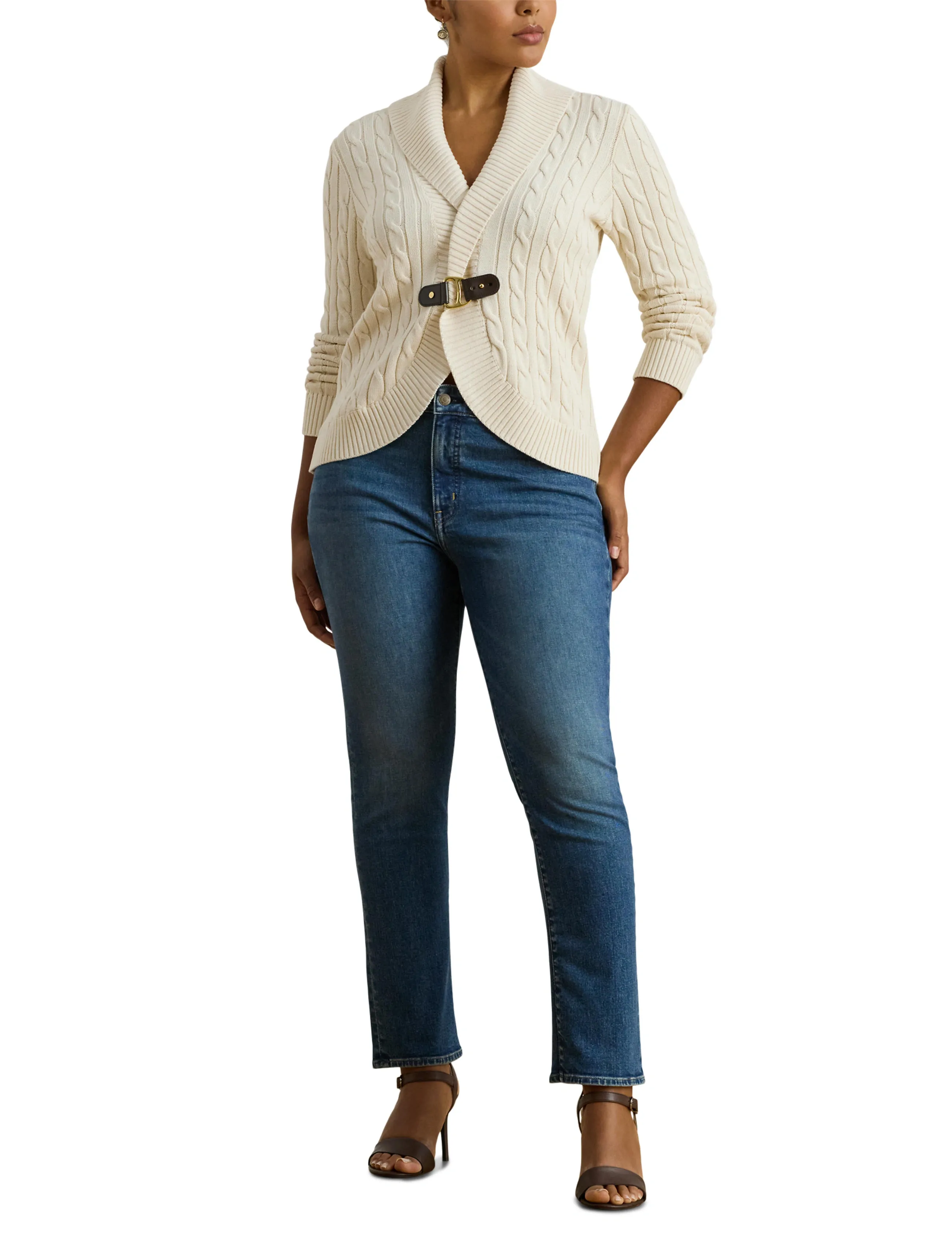 Lauren Women Buckle-Trim Cable Shawl-Collar Cardigan dam – bild 6