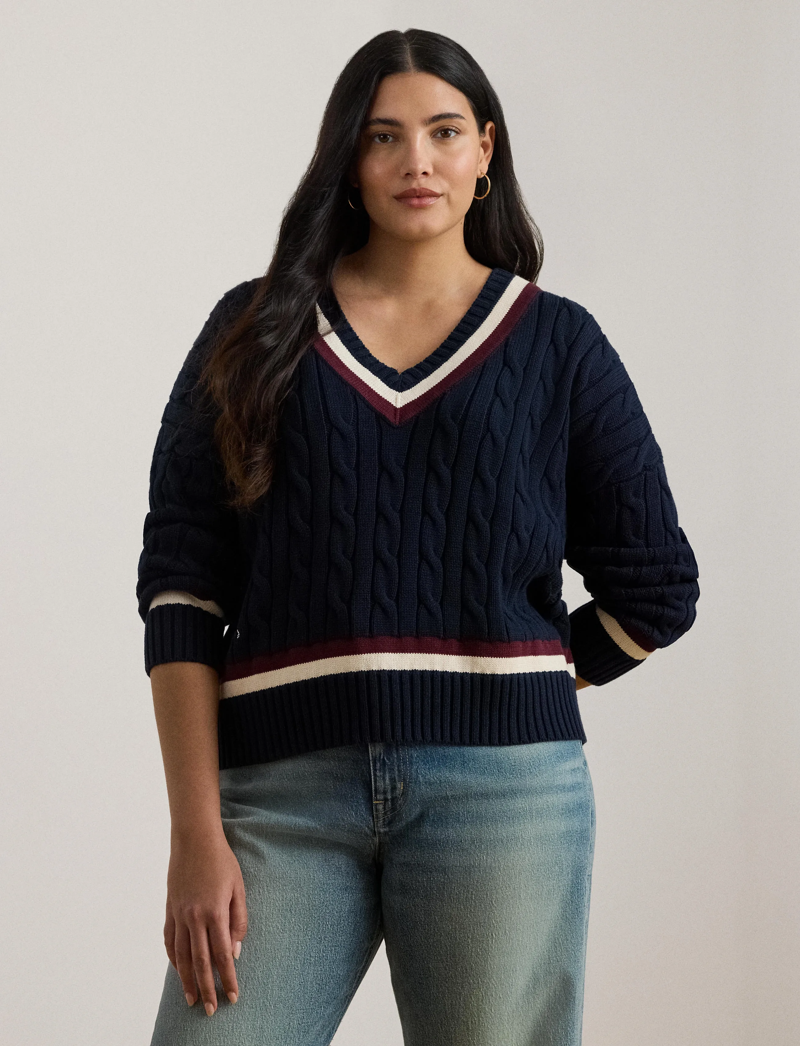 Lauren Women Cable-Knit Cotton Cricket Sweater, Kvinder, Kabelstrikket Cricket Sweater, Navy, Str: 46-48