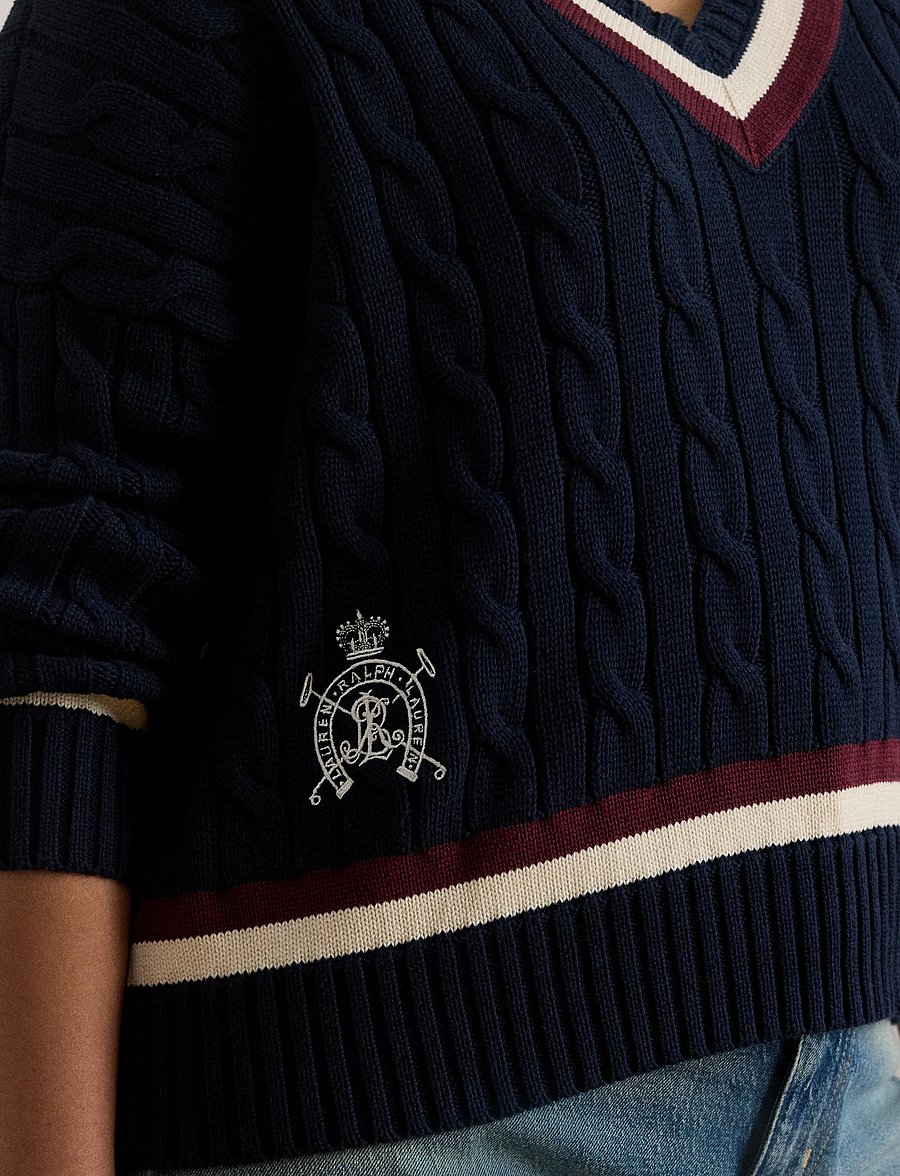Lauren Women - Cable-Knit Cotton Cricket Sweater - stickade tröjor - lauren navy/cream - 4