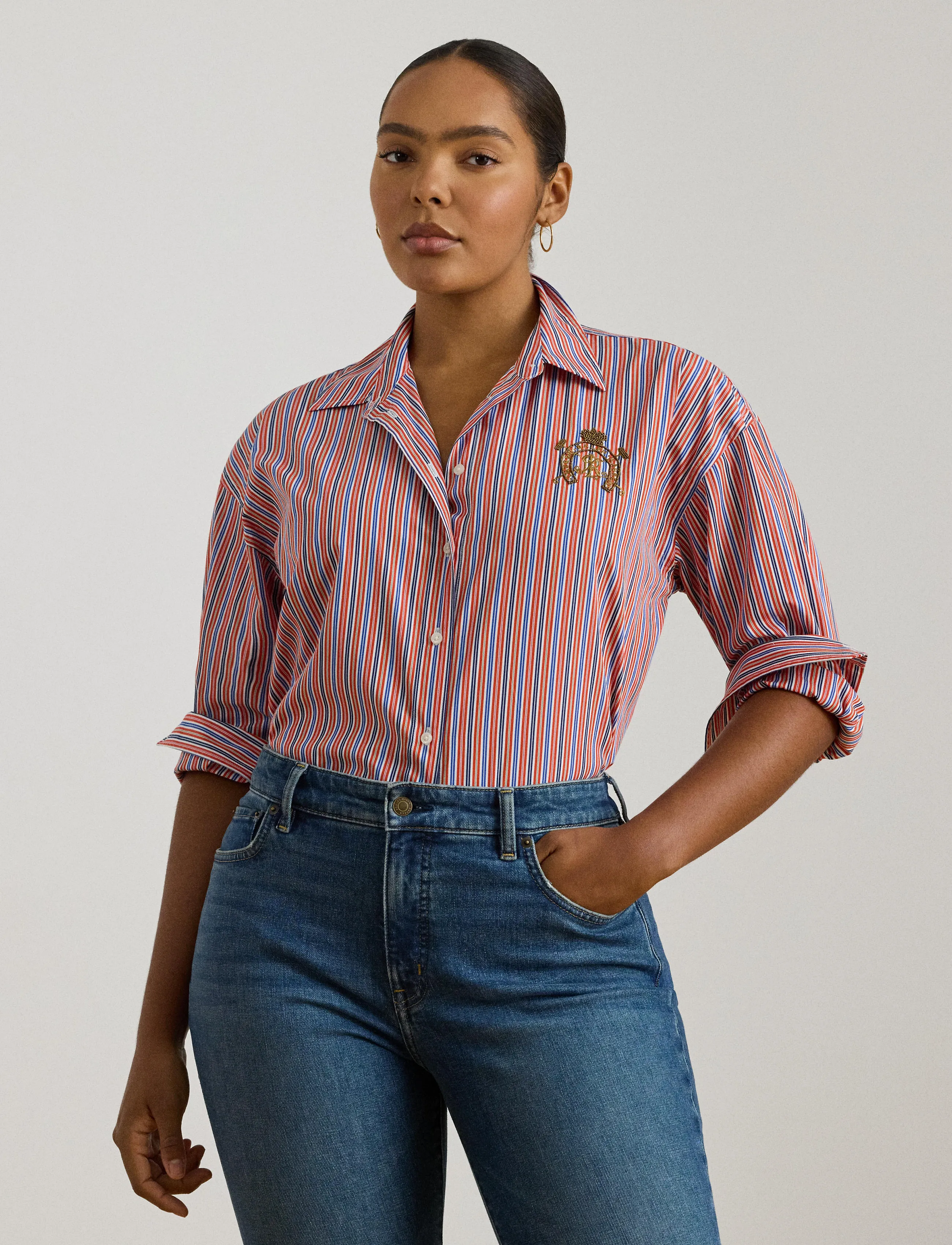 Lauren Women Relaxed Fit Striped Broadcloth Shirt - Blouses & Overhemden - ORANGE/BLUE/WHITE / red