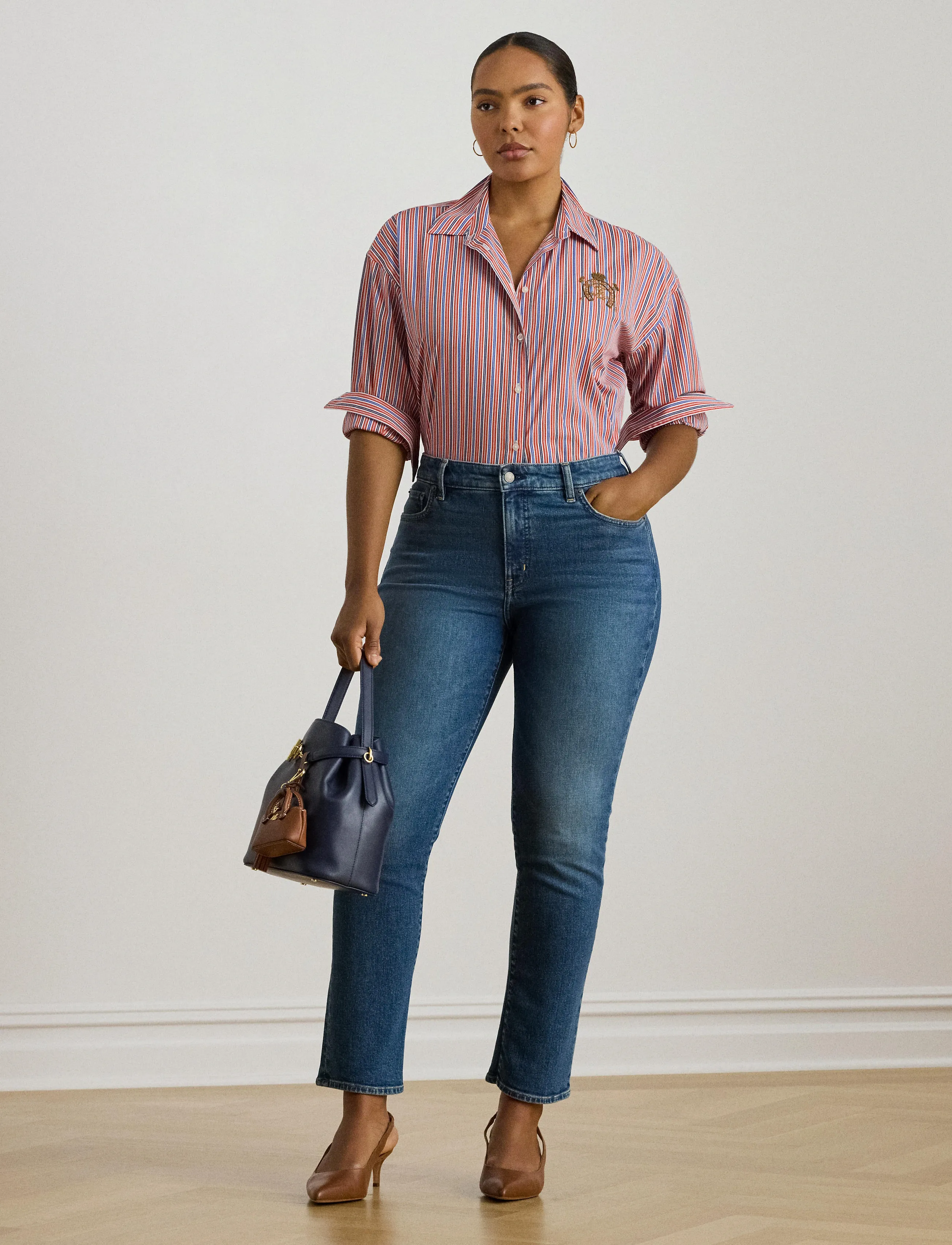 Lauren Women Relaxed Fit Striped Broadcloth Shirt - Shirts - ORANGE/BLUE/WHITE / red