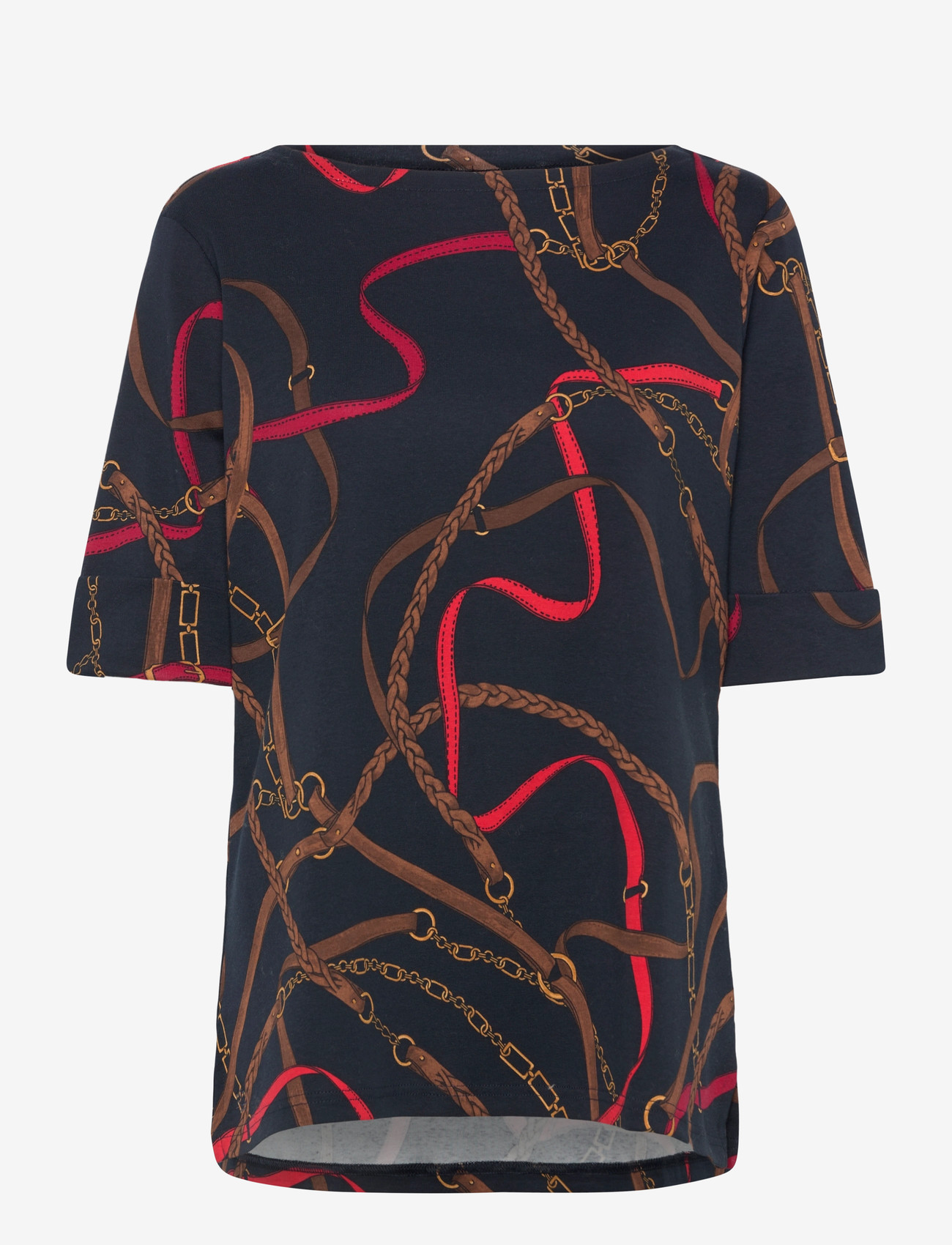 Lauren Women - Belting-Print Cotton Boatneck Tee - t-shirts - navy multi - 0