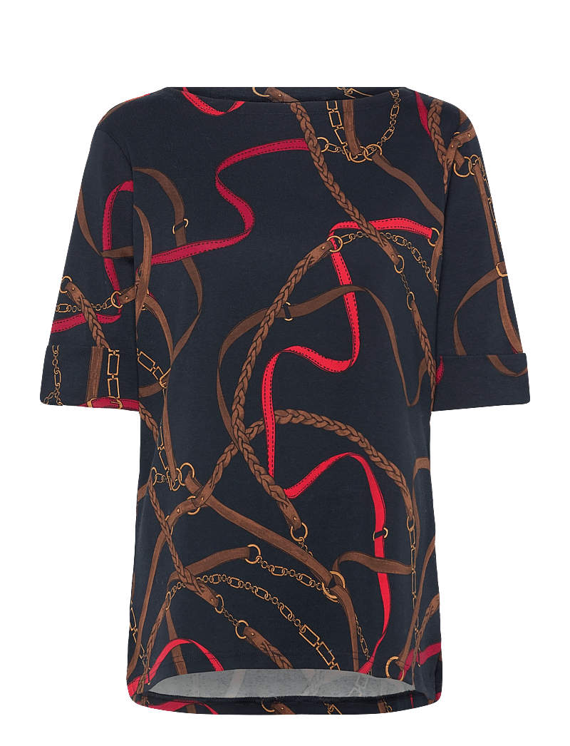 Lauren Women - Belting-Print Cotton Boatneck Tee - t-shirts - navy multi - 0