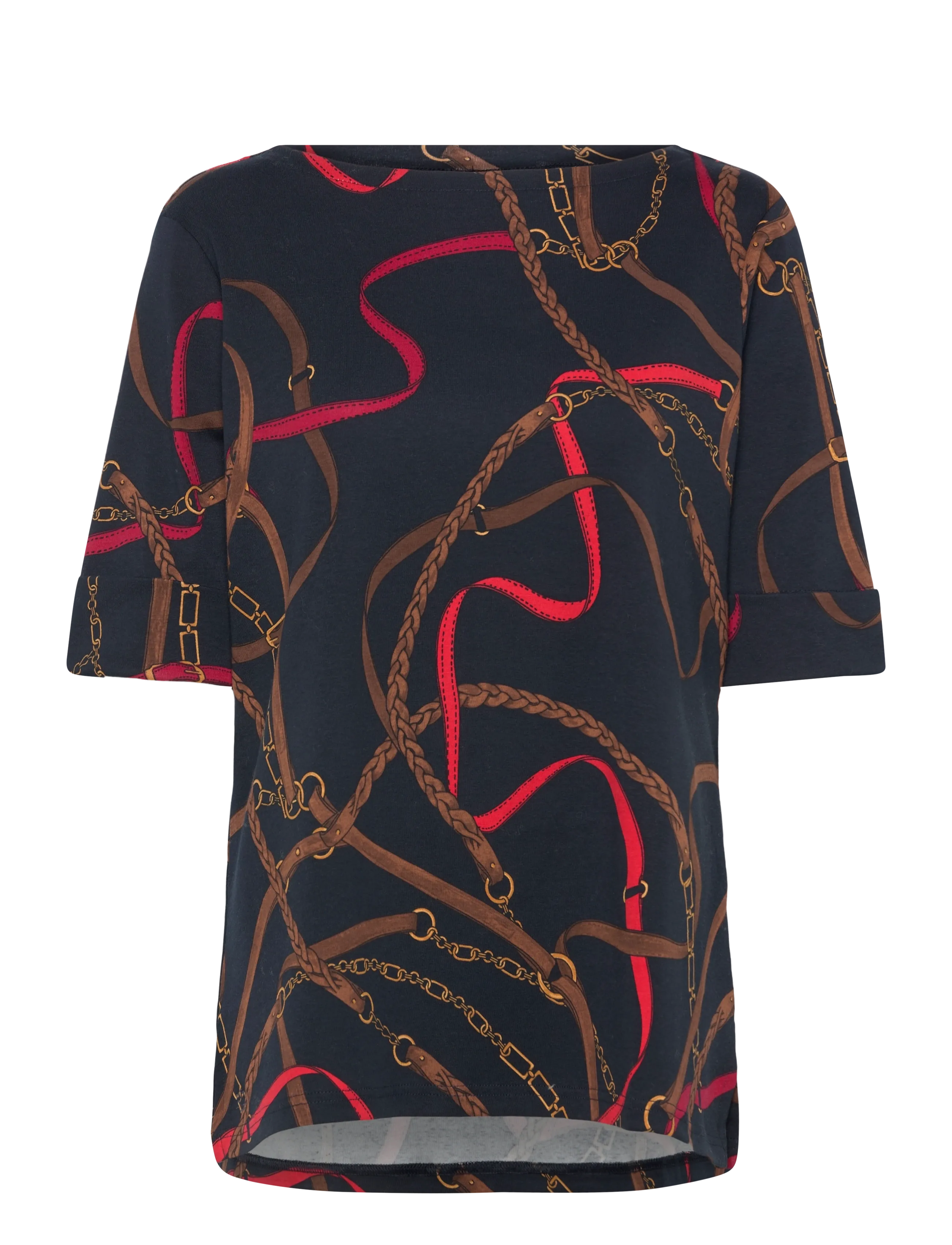 Lauren Women - Belting-Print Cotton Boatneck Tee - navy multi - 1