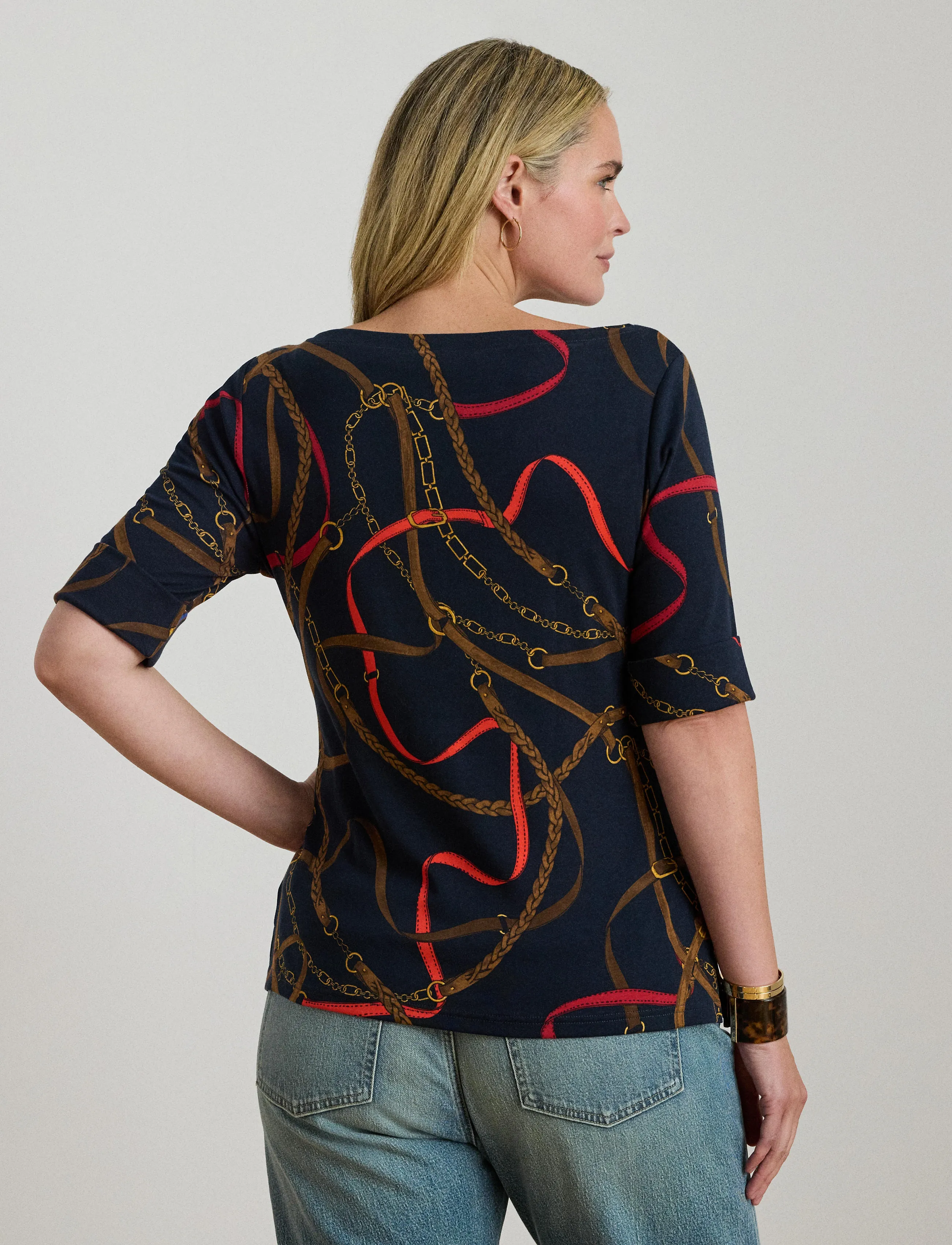 Lauren Women - Belting-Print Cotton Boatneck Tee - navy multi - 3
