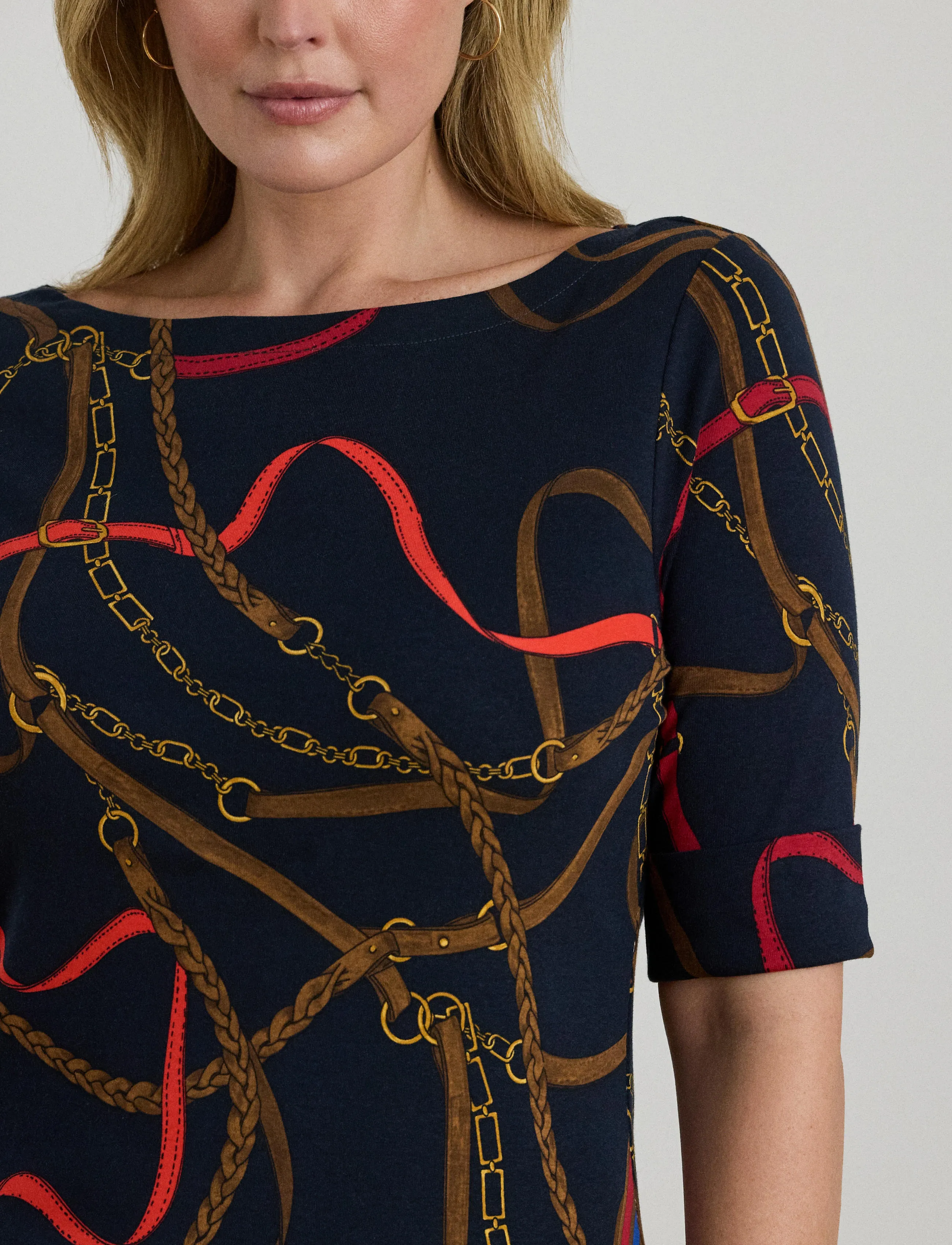 Lauren Women - Belting-Print Cotton Boatneck Tee - navy multi - 4