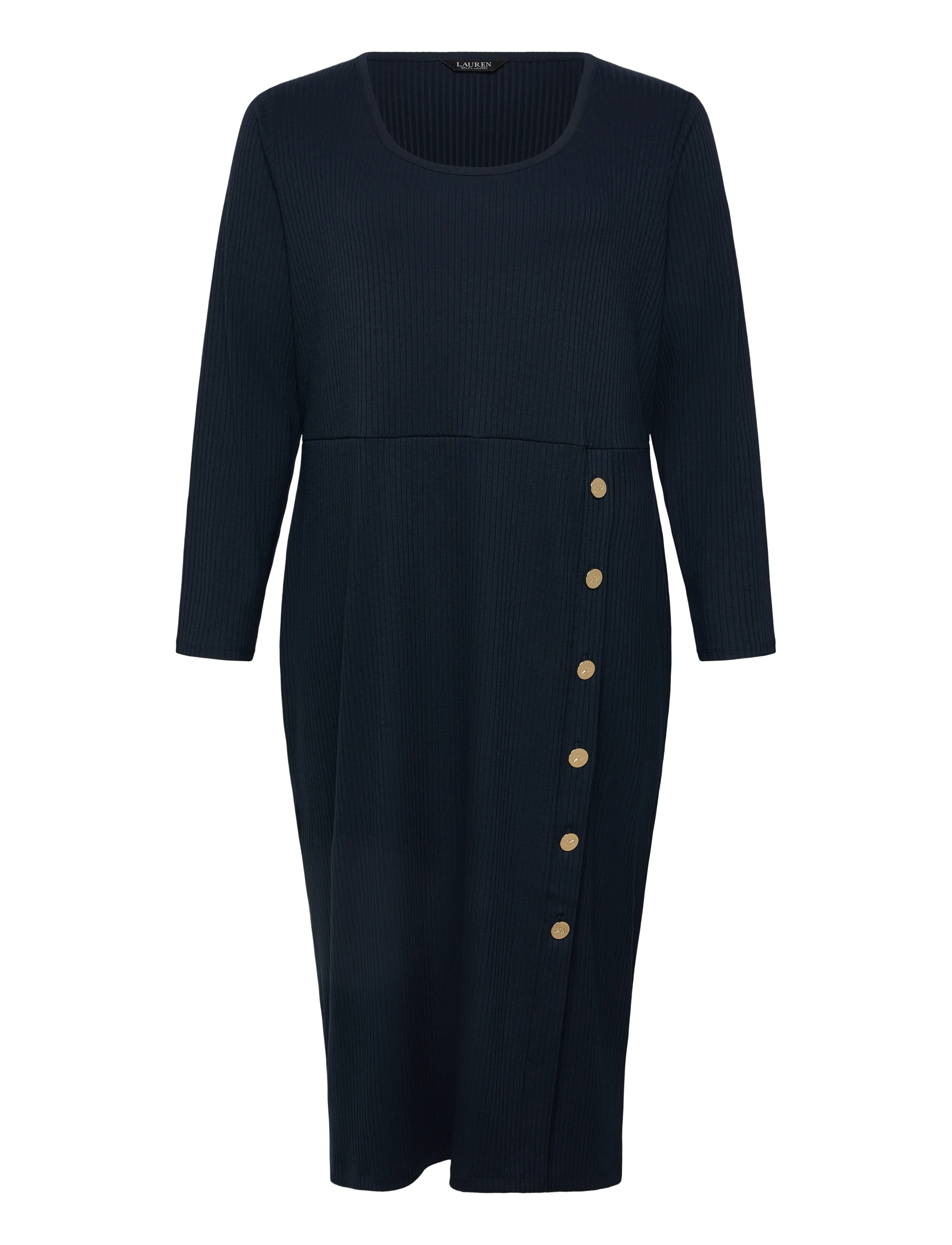Button-Trim Rib-Knit Dress - LAUREN NAVY