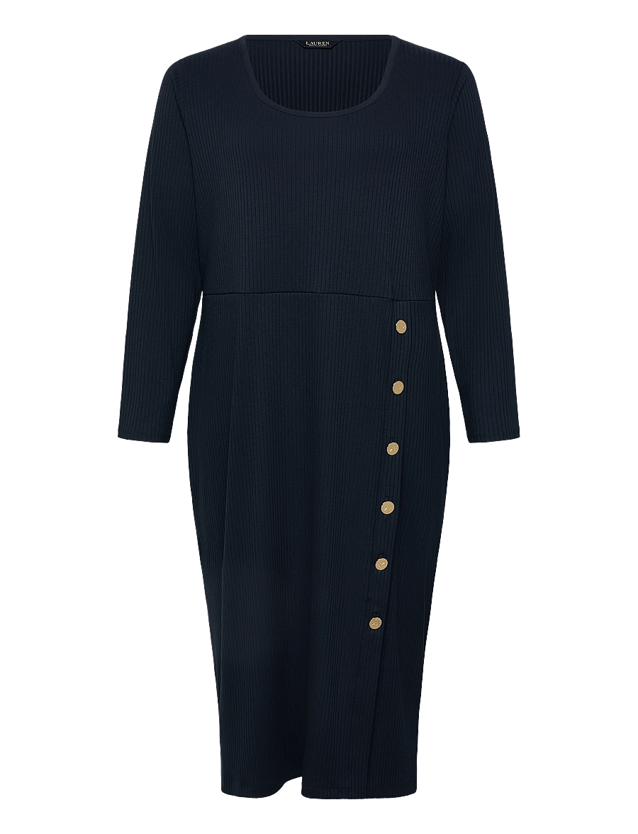 Lauren Women - Button-Trim Rib-Knit Dress - midikleider - lauren navy - 1