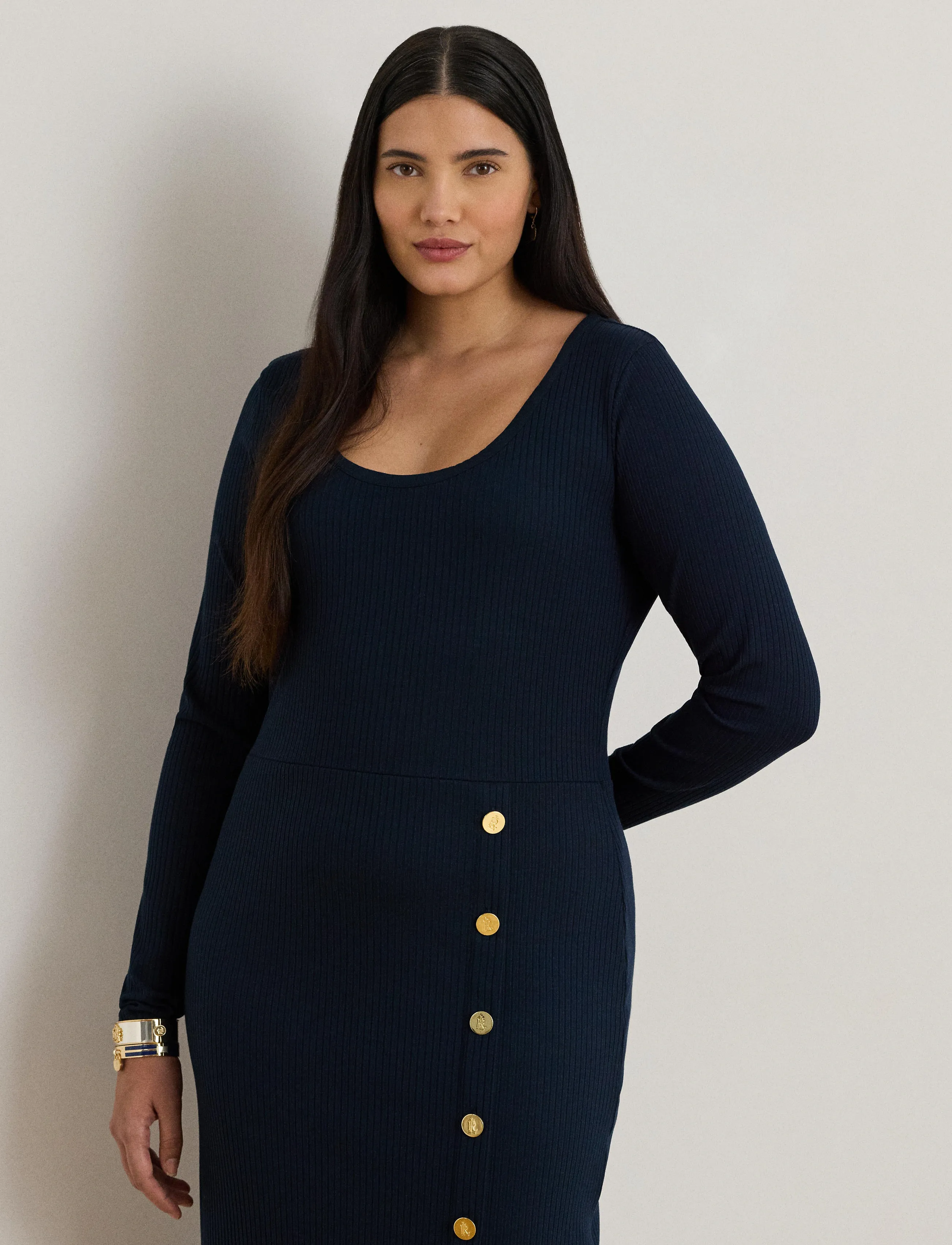 Lauren Women Button-Trim Rib-Knit Dress, 46-48, Dresses, Marineblau - Knee-length & Midi, Frauen