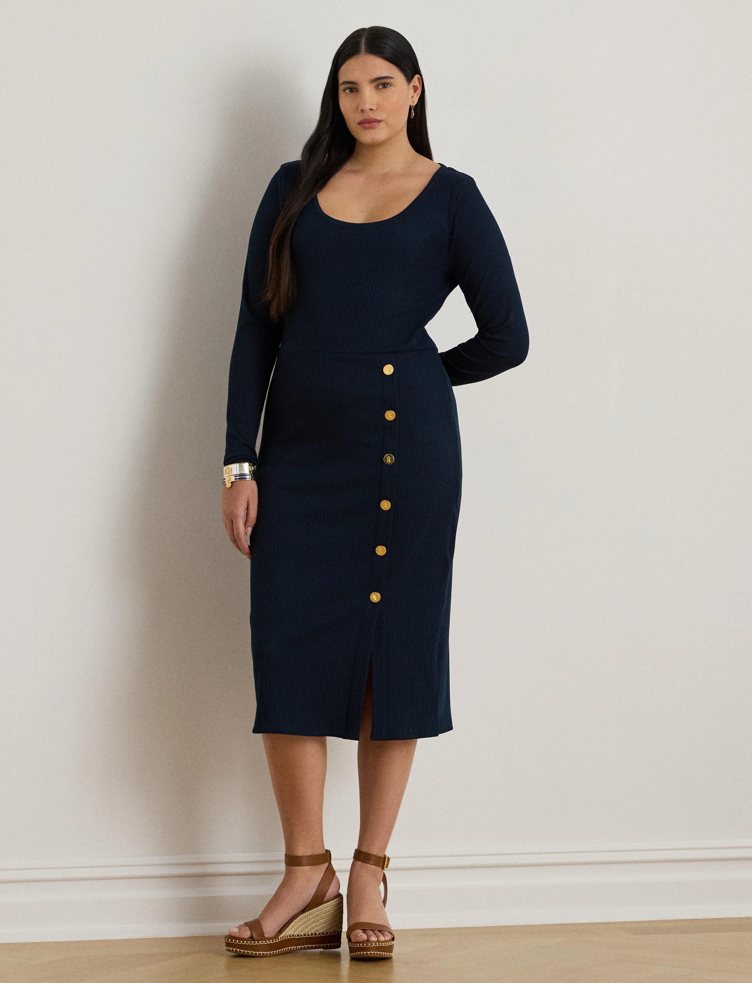 Lauren Women Button-Trim Rib-Knit Dress - Midikleider - LAUREN NAVY / navy