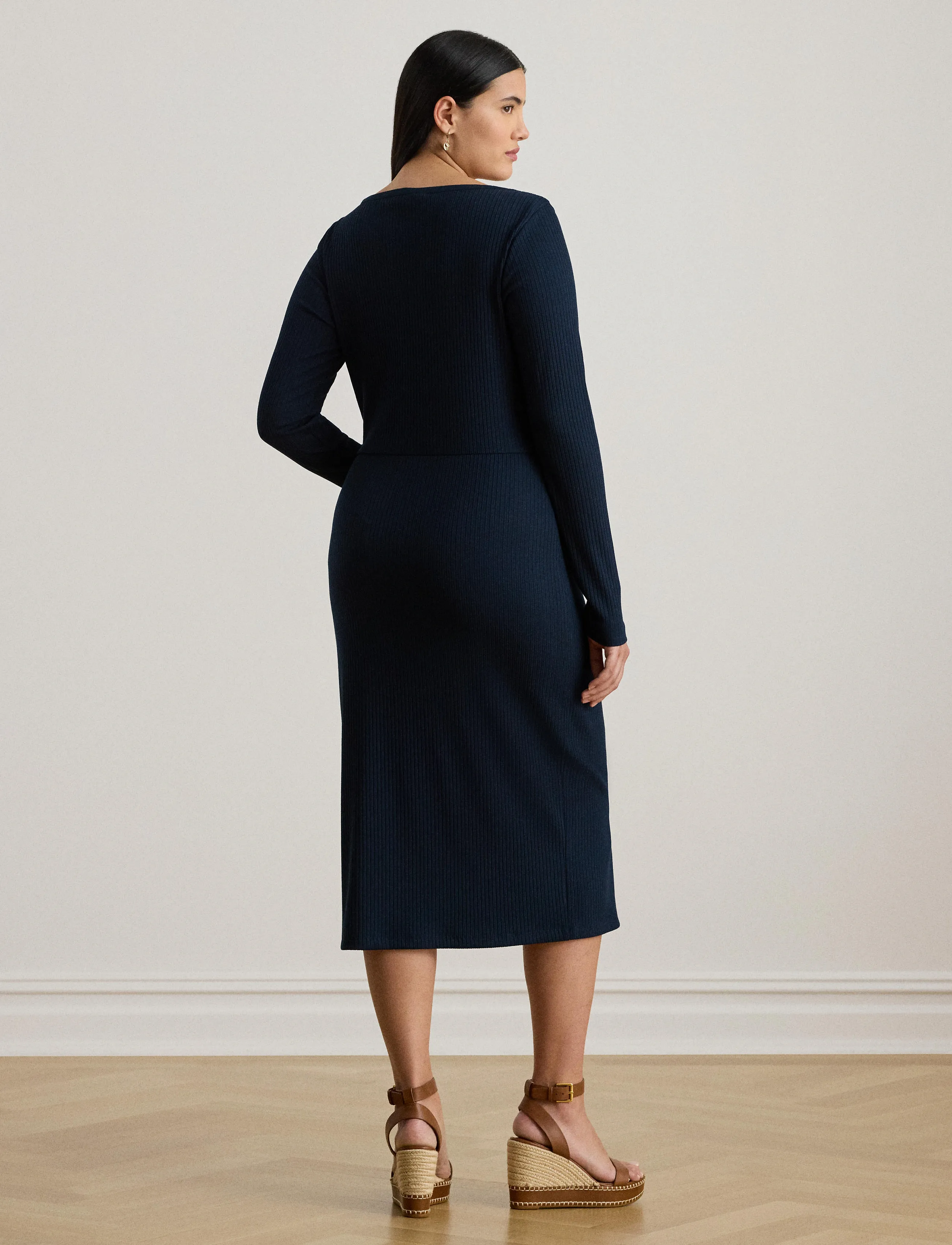 Lauren Women - Button-Trim Rib-Knit Dress - midikleider - lauren navy - 3