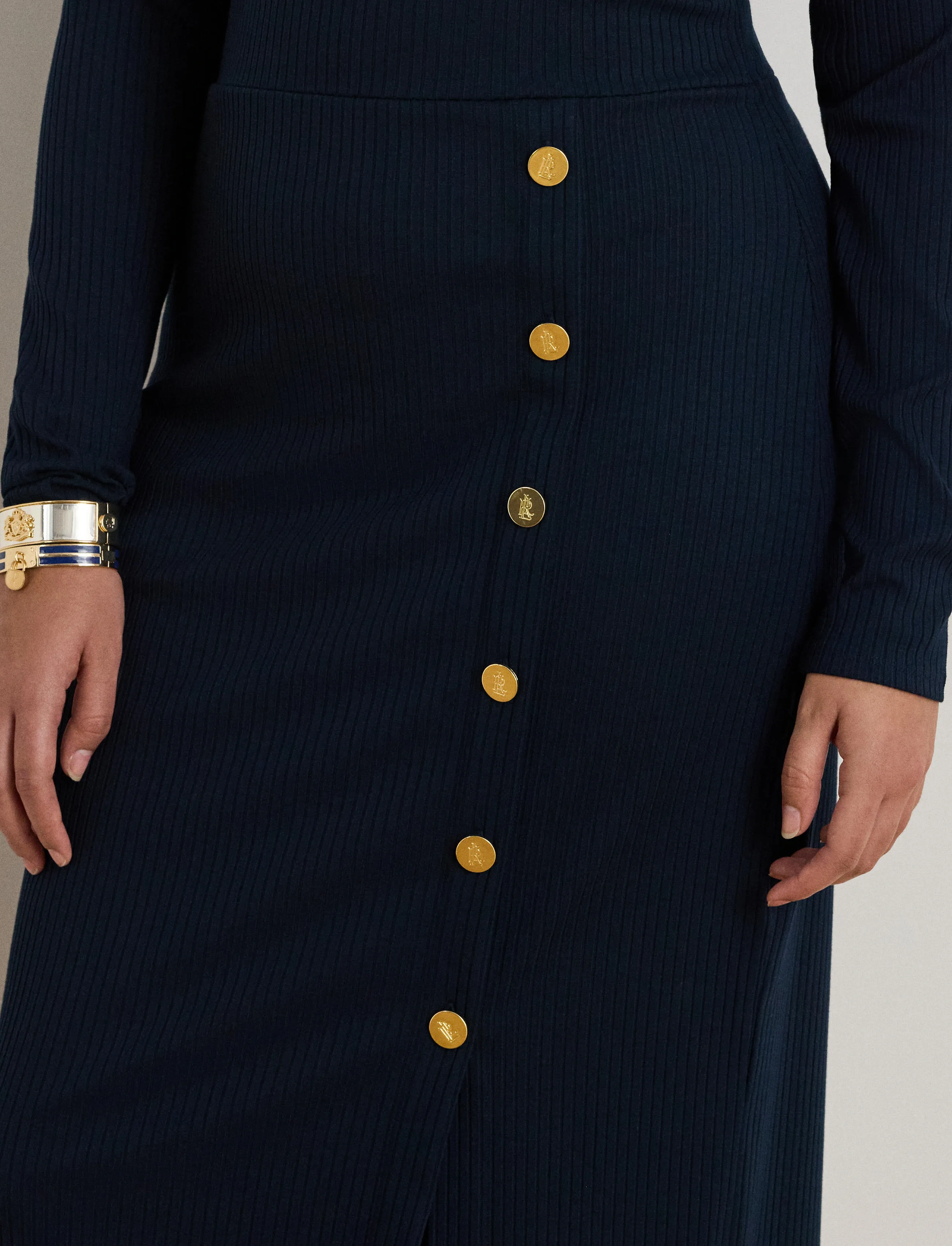 Lauren Women - Button-Trim Rib-Knit Dress - midikleider - lauren navy - 4