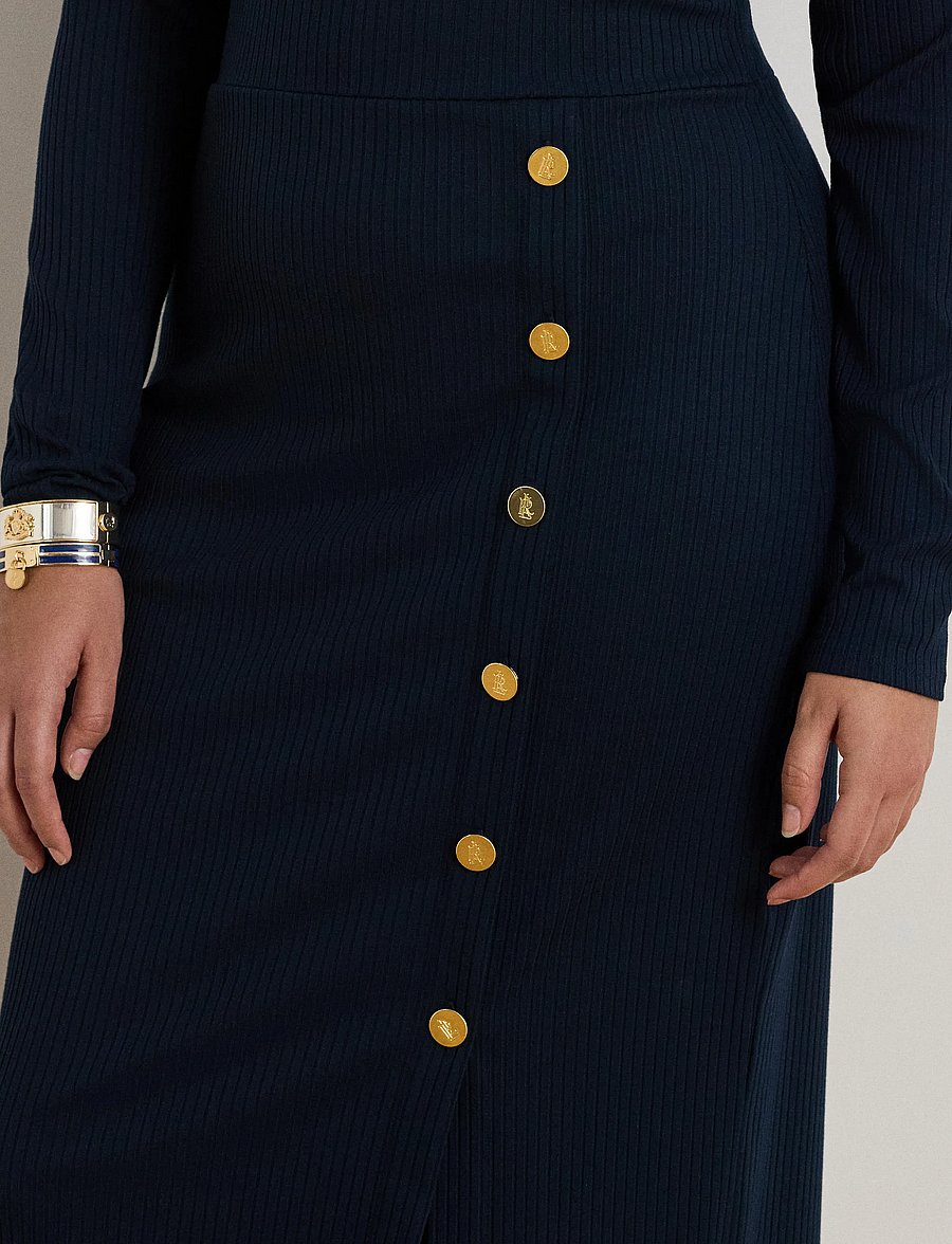 Lauren Women - Button-Trim Rib-Knit Dress - midikleider - lauren navy - 4