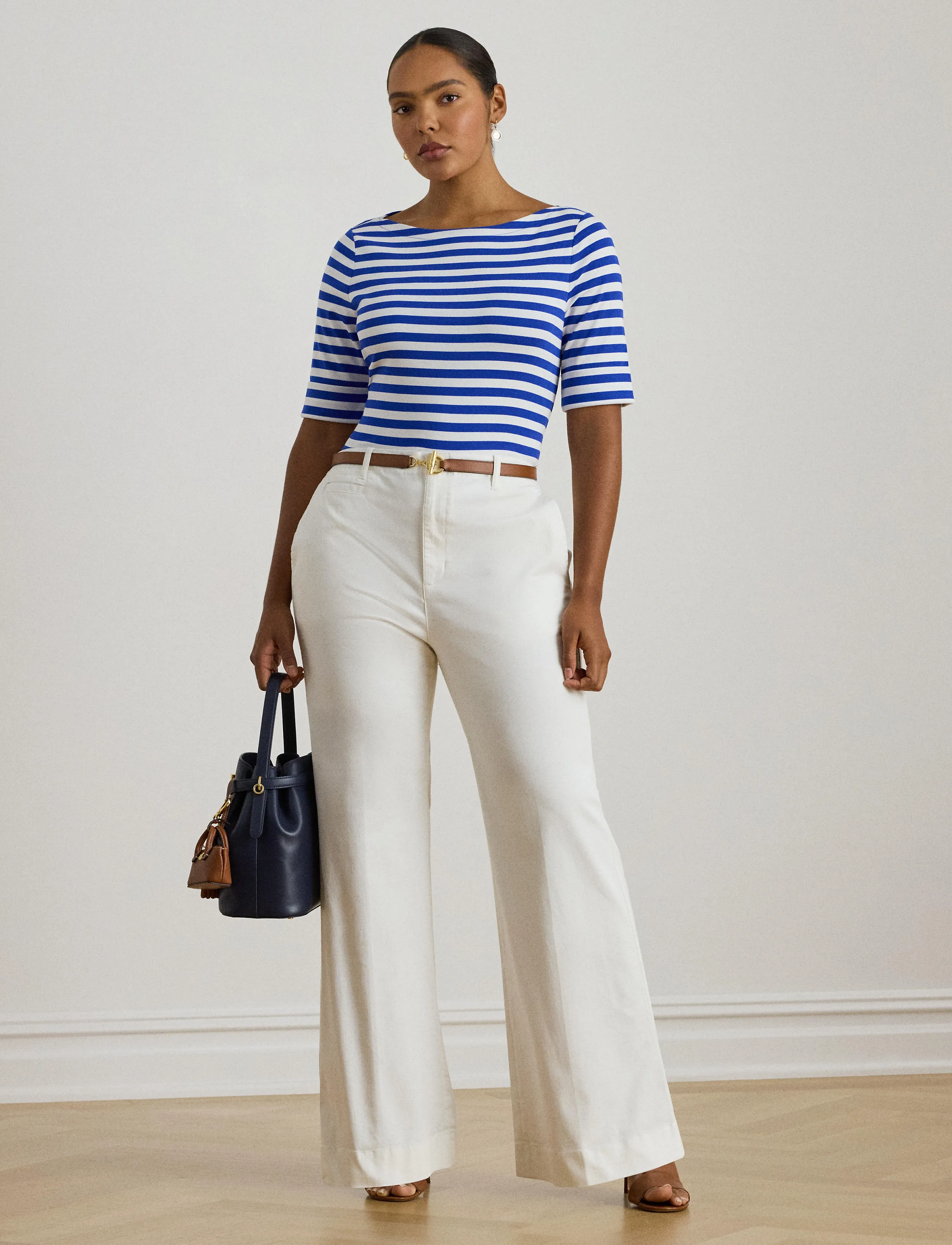 Lauren Women Striped Stretch Cotton Boatneck Tee - T-shirts & Toppar - CRUISE ROYAL/WHIT / blue