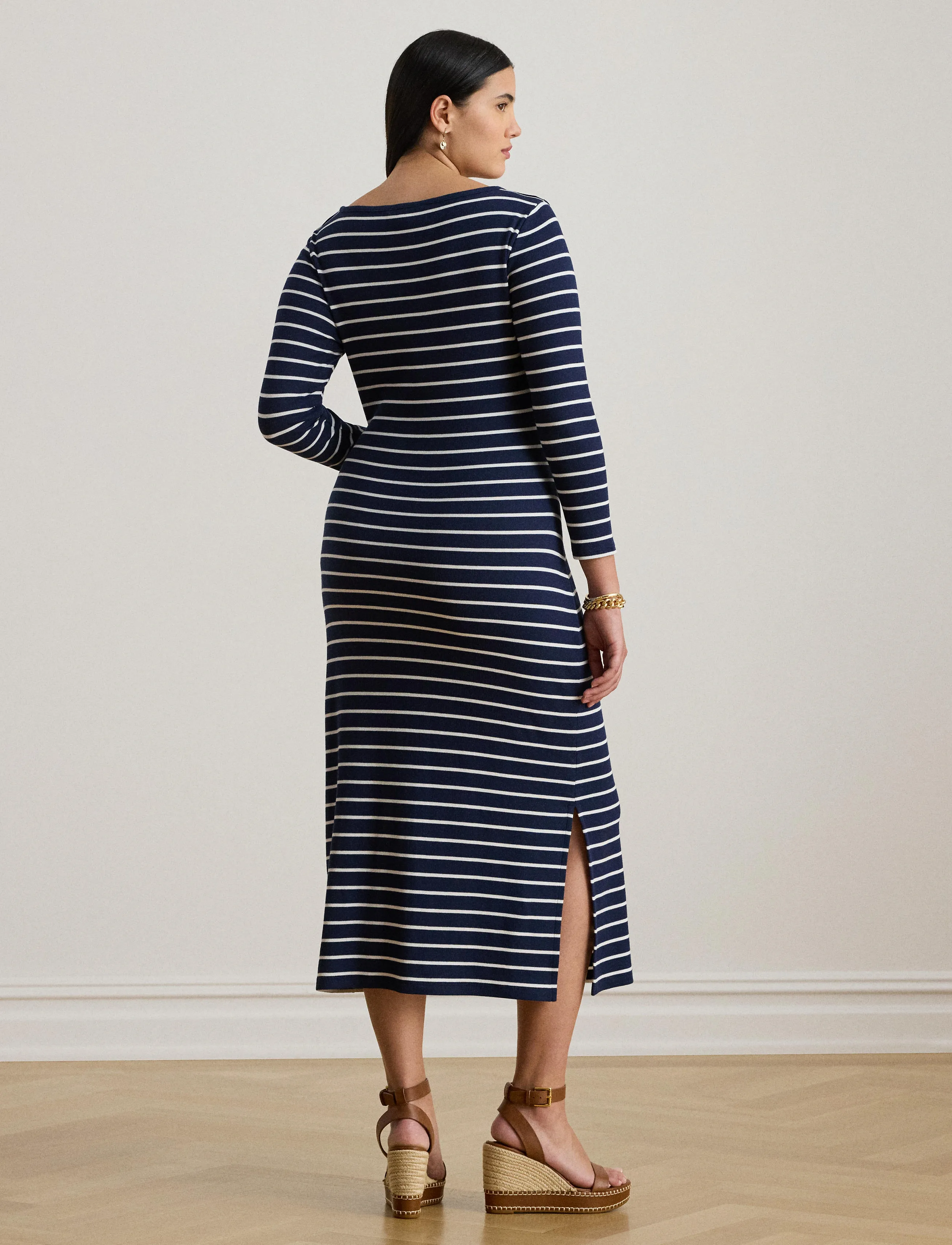 Lauren Women - Striped Tie-Front Cotton-Blend Dress - susiaučiamos suknelės - refined navy/whit - 4
