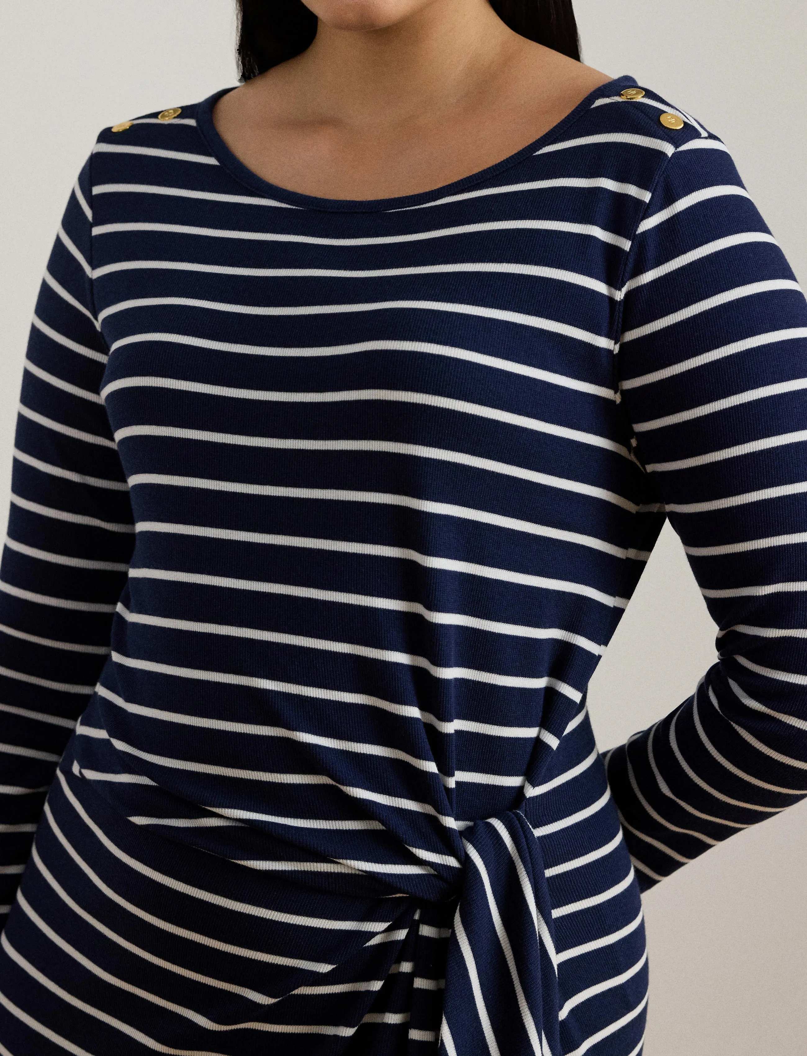 Lauren Women - Striped Tie-Front Cotton-Blend Dress - susiaučiamos suknelės - refined navy/whit - 5