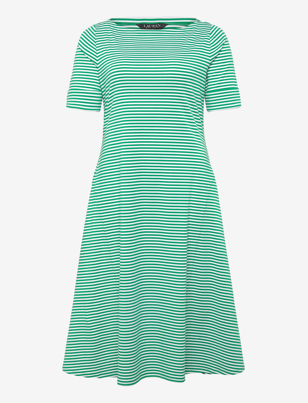 Lauren Women - Striped Stretch Cotton Ribbed Midi Dress - summer dresses - stem/white - 0
