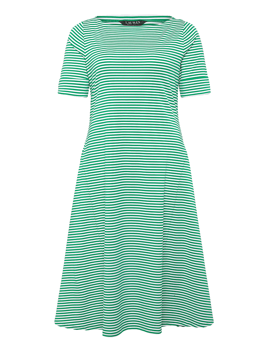 Lauren Women - Striped Stretch Cotton Ribbed Midi Dress - robes d'été - stem/white - 1