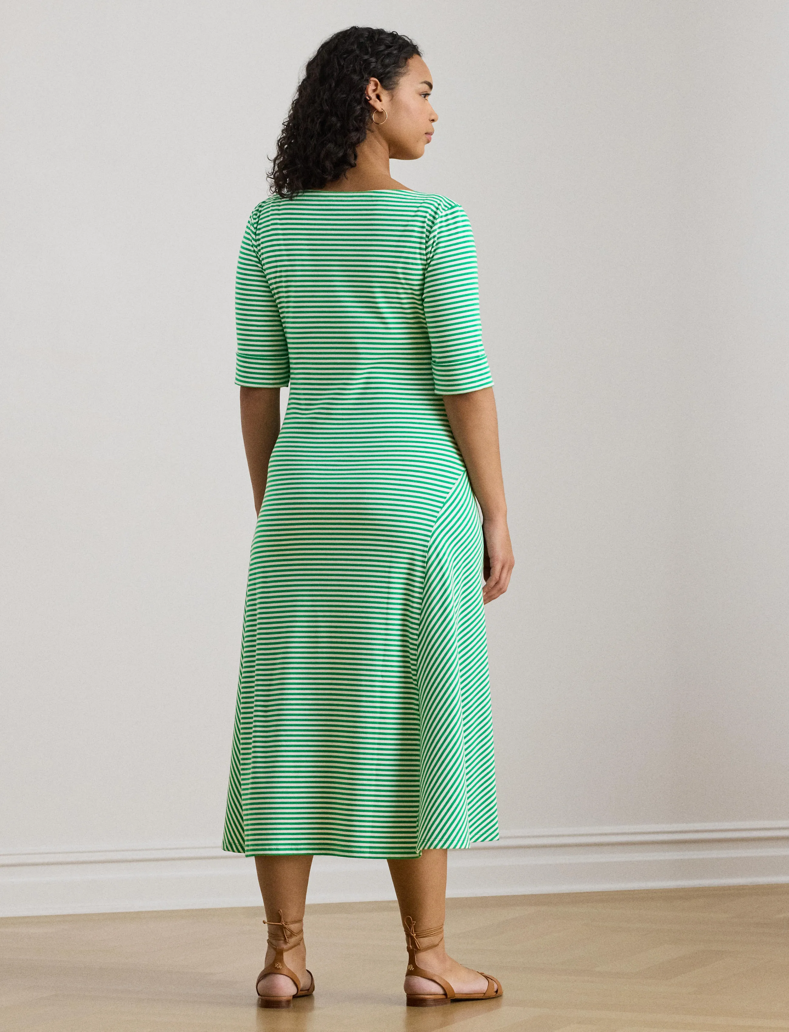 Lauren Women - Striped Stretch Cotton Ribbed Midi Dress - robes d'été - stem/white - 3