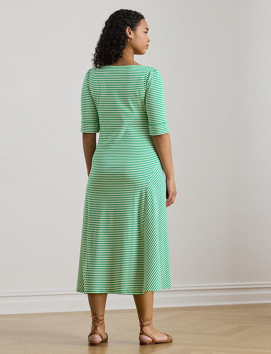 Lauren Women - Striped Stretch Cotton Ribbed Midi Dress - robes d'été - stem/white - 3