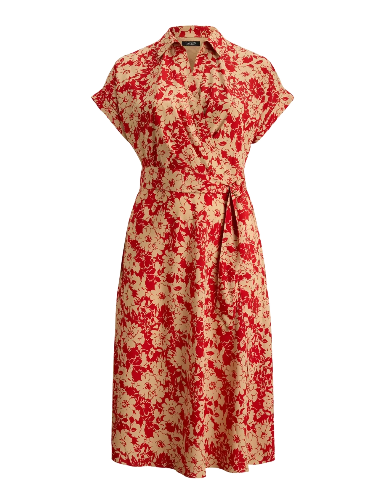 Lauren Women Floral Belted Crepe Dress, 46, Dresses, Rot - Knee-length & Midi, Frauen