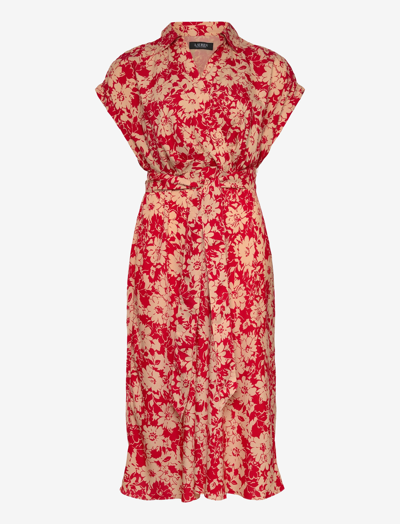 Lauren Women - Floral Belted Crepe Dress - sommerkjoler - red/tan - 0