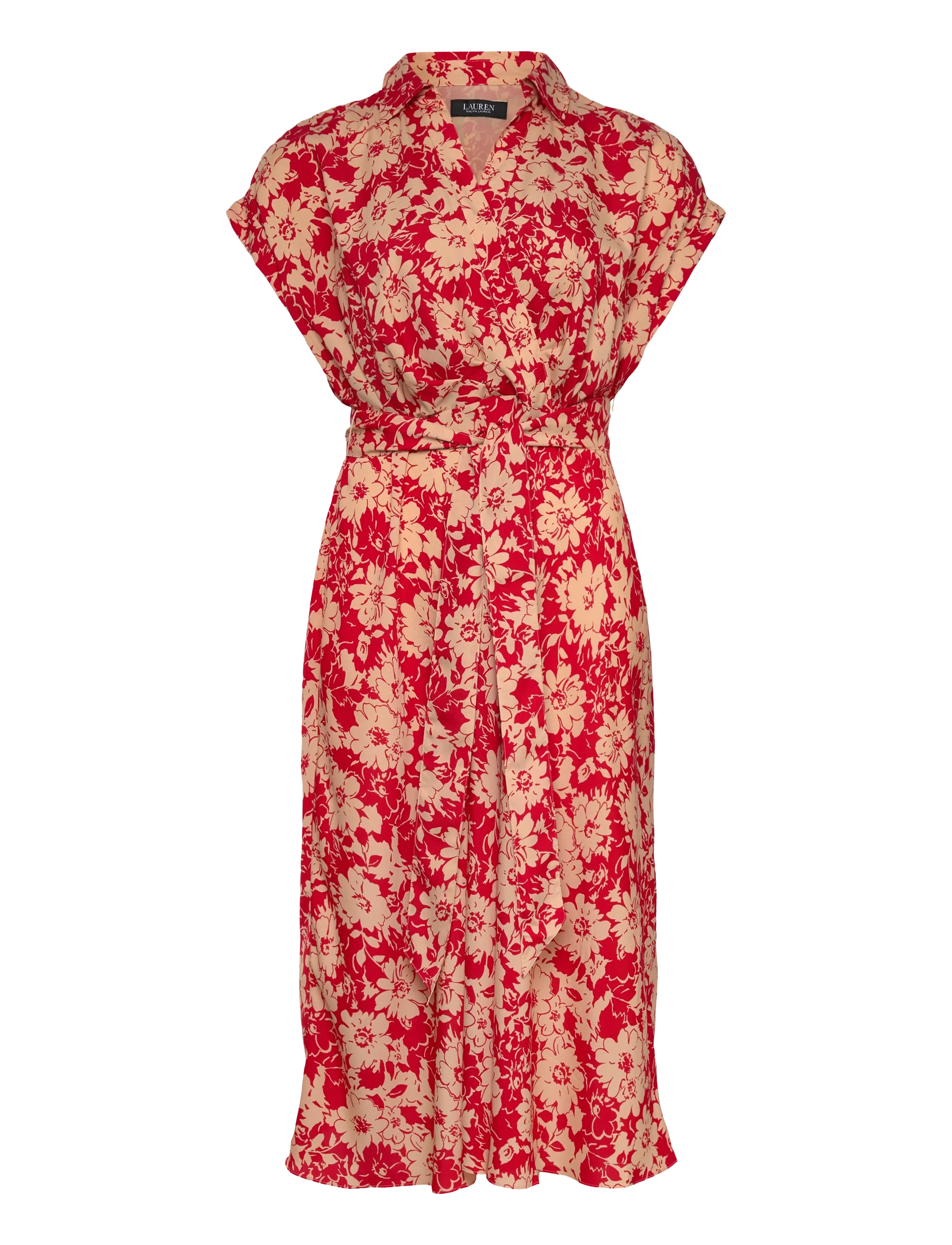 Lauren Women Floral Belted Crepe Dress - Lauren Ralph Lauren Curve - RED/TAN / red