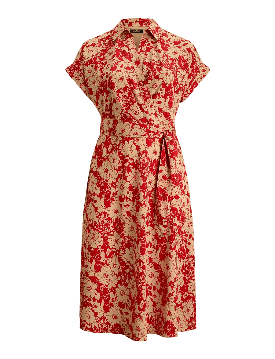 Lauren Women - Floral Belted Crepe Dress - sommerkleider - red/tan - 0