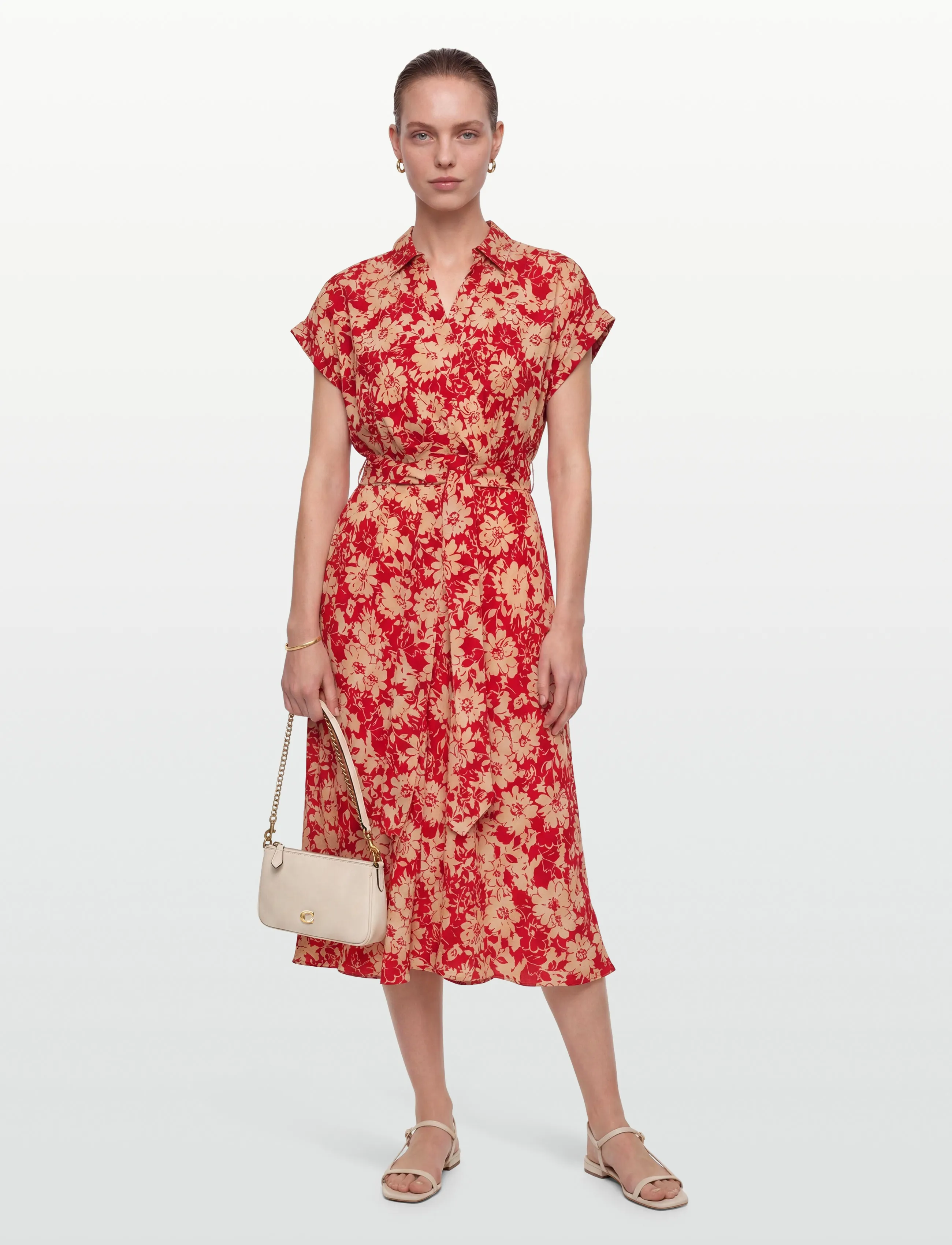 Lauren Women Floral Belted Crepe Dress - Lauren Ralph Lauren Curve - RED/TAN / red