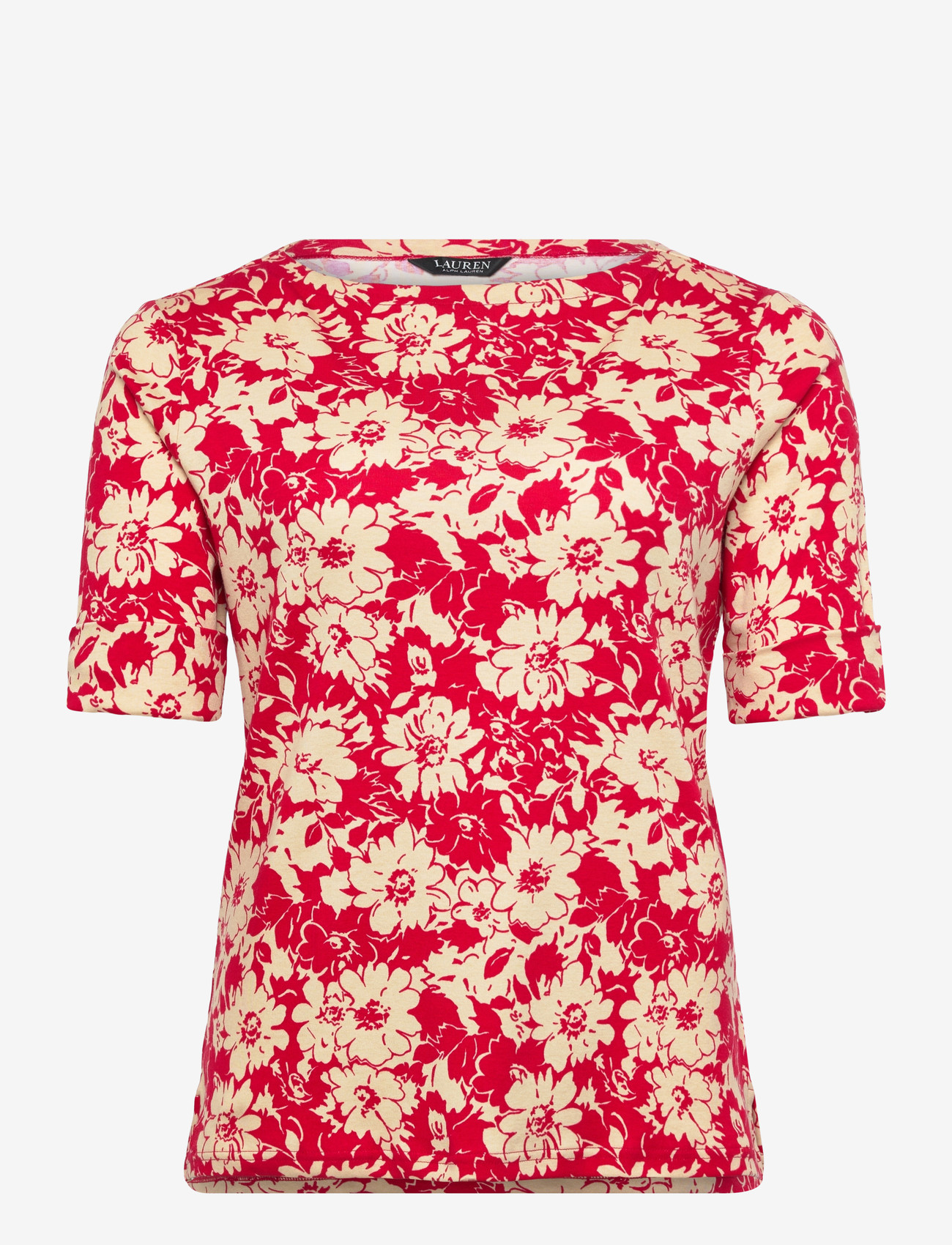 Lauren Women - REFINED STR 1X1 RIB-KNT-T-SHIRT - lühikeste varrukatega pluusid - red/tan - 0