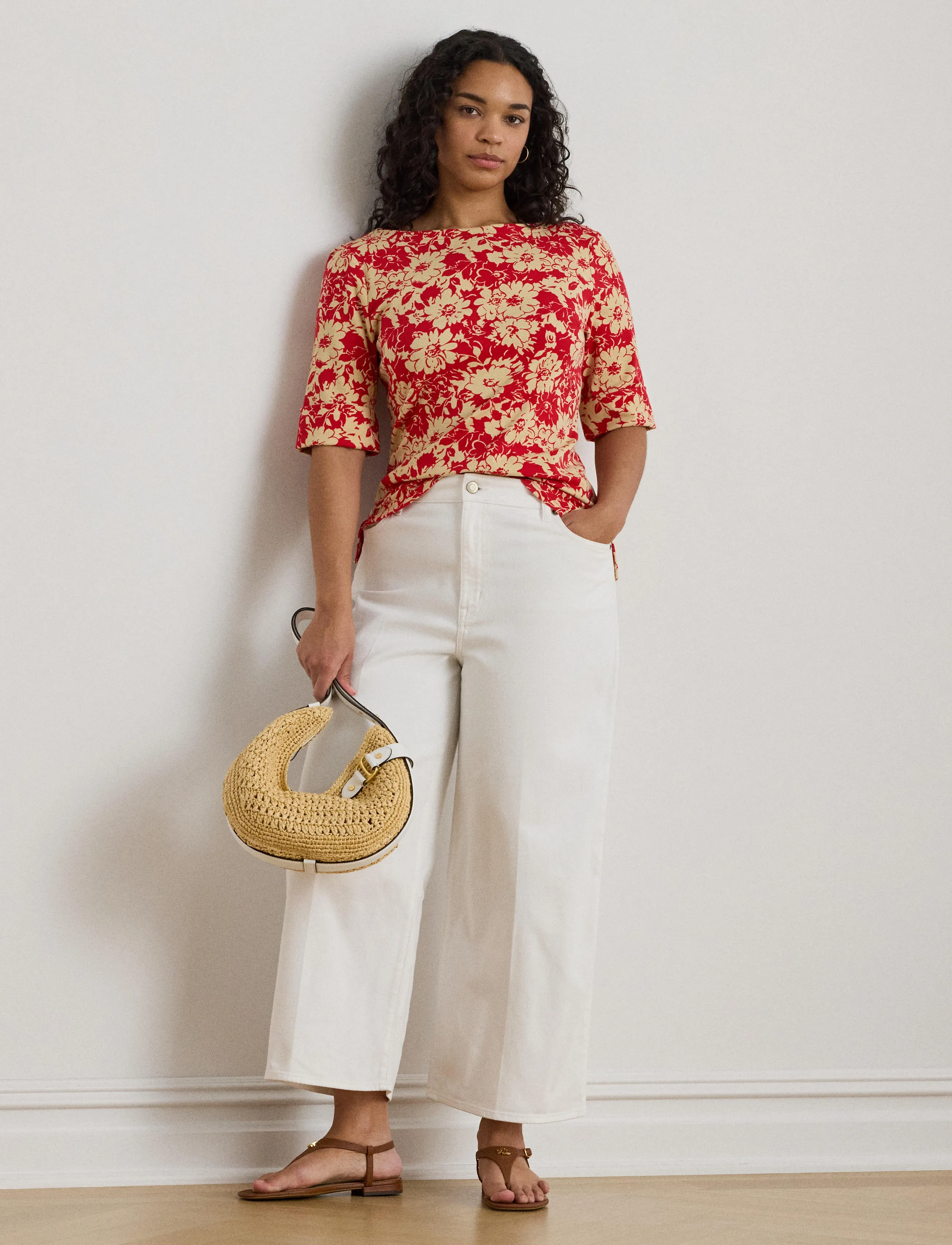 Lauren Women REFINED STR 1X1 RIB-KNT-T-SHIRT - Blusar & Skjortor - RED/TAN / red
