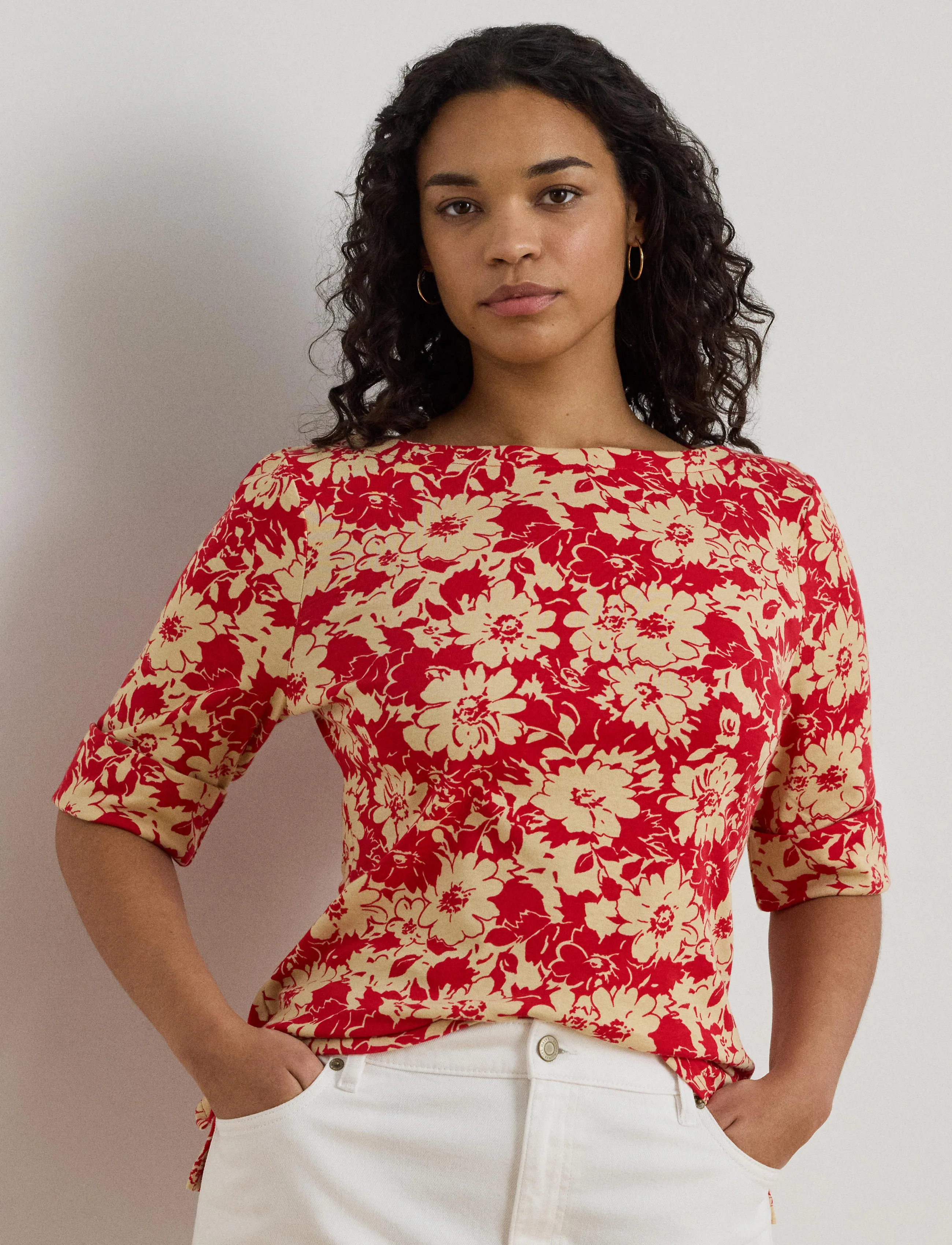 Lauren Women - REFINED STR 1X1 RIB-KNT-T-SHIRT - red/tan - 3