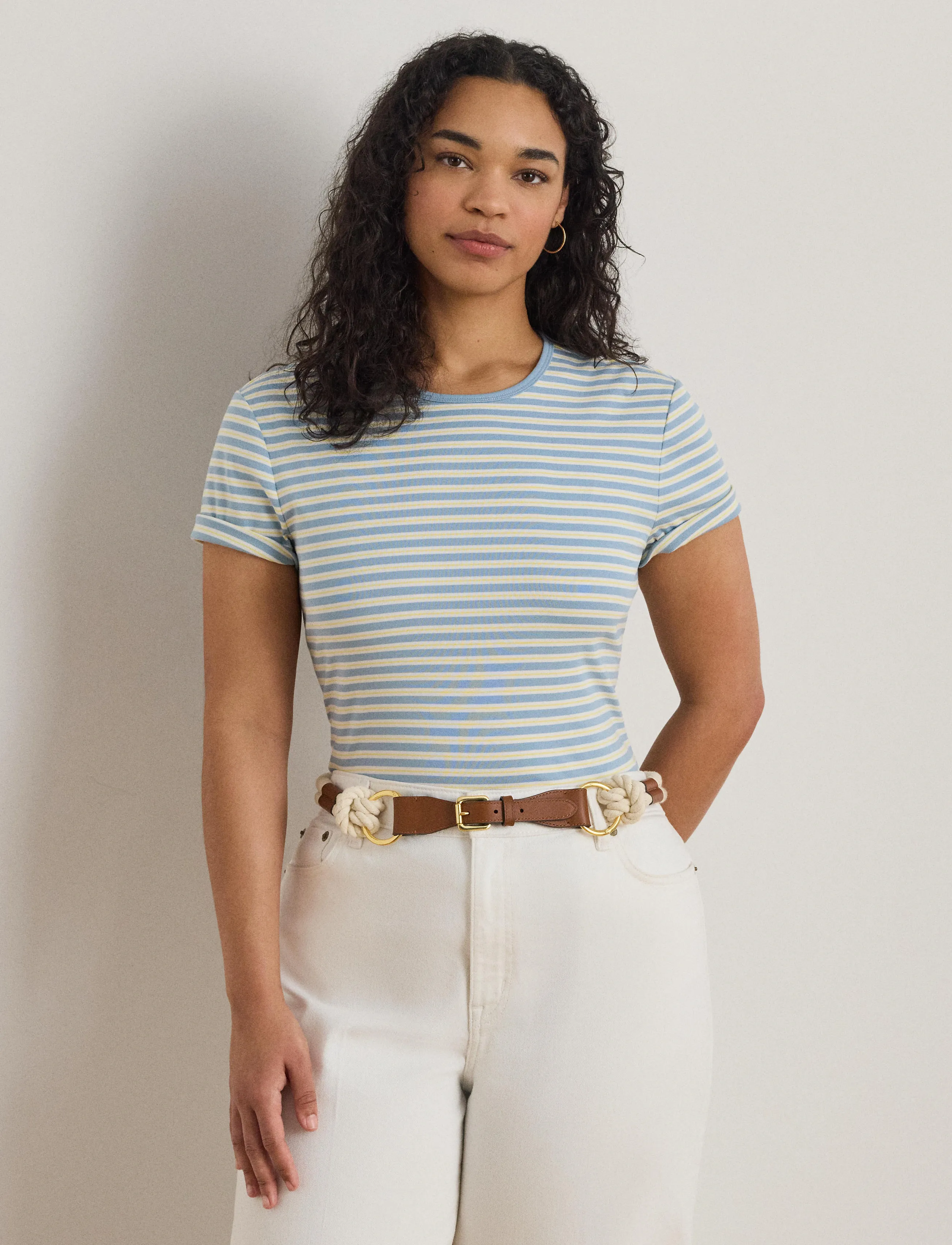 Lauren Women REFINED STR 1X1 RIB-KNT-T-SHIRT - Ralph Lauren - BLUE NOTE MULTI / blue