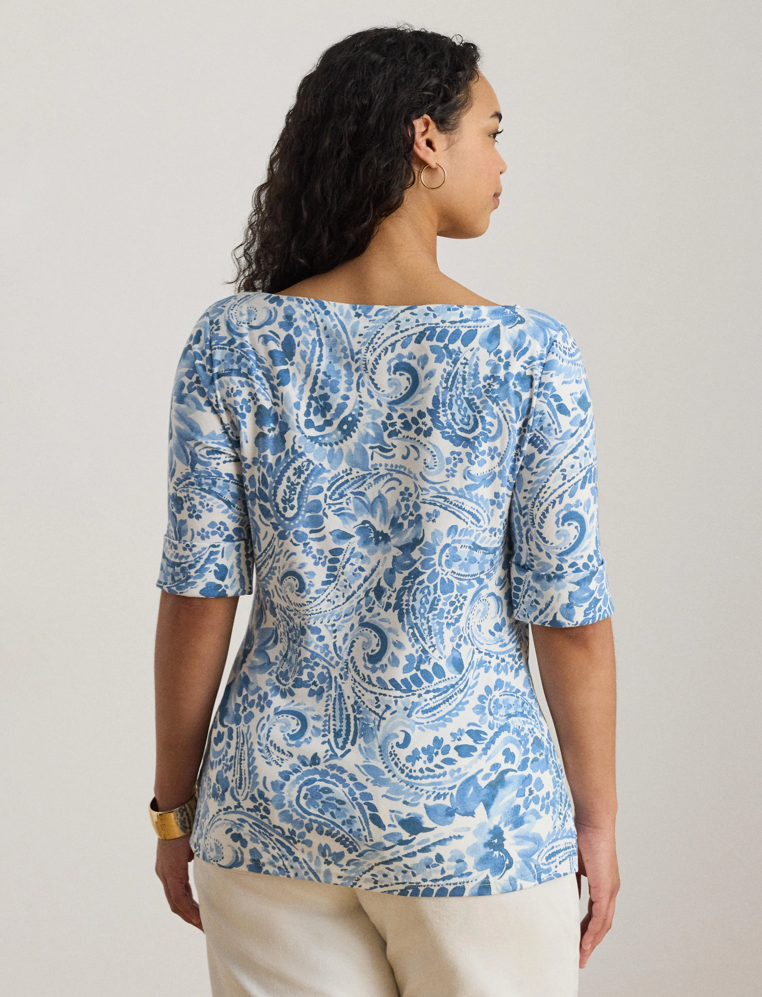 Lauren Women REFINED STR 1X1 RIB-KNT-T-SHIRT - Blusen & Hemden - WHITE/BLUE / blue