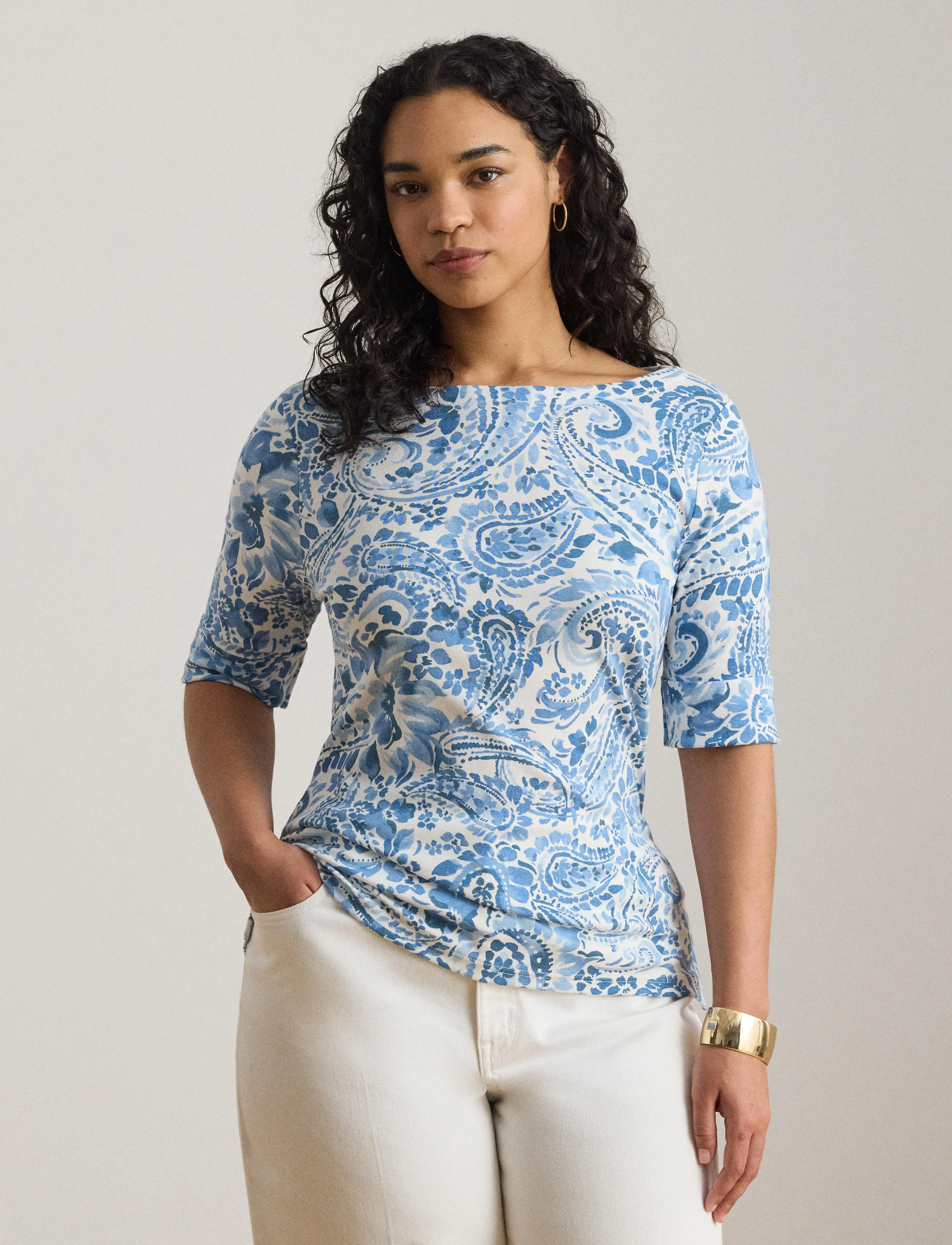 Lauren Women REFINED STR 1X1 RIB-KNT-T-SHIRT - Ralph Lauren - WHITE/BLUE / blue