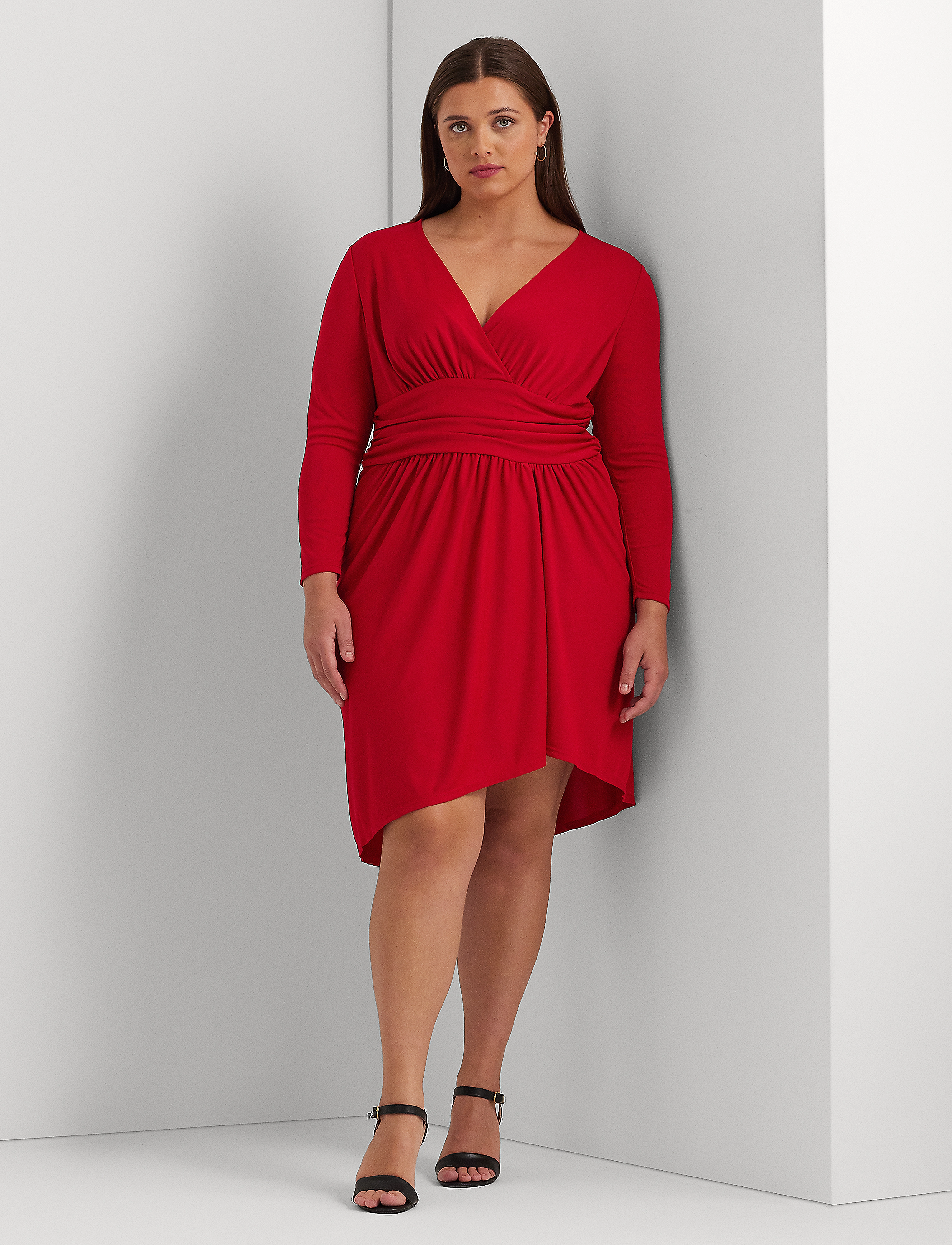 Lauren Women Ruched Stretch Jersey Surplice Dress - Kleidid - MARTIN RED / red