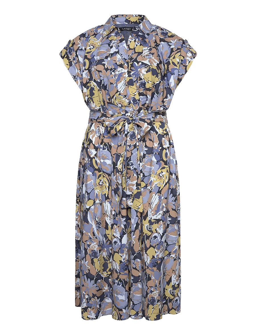 Lauren Women - Floral Belted Crepe Dress - blue multi - 0